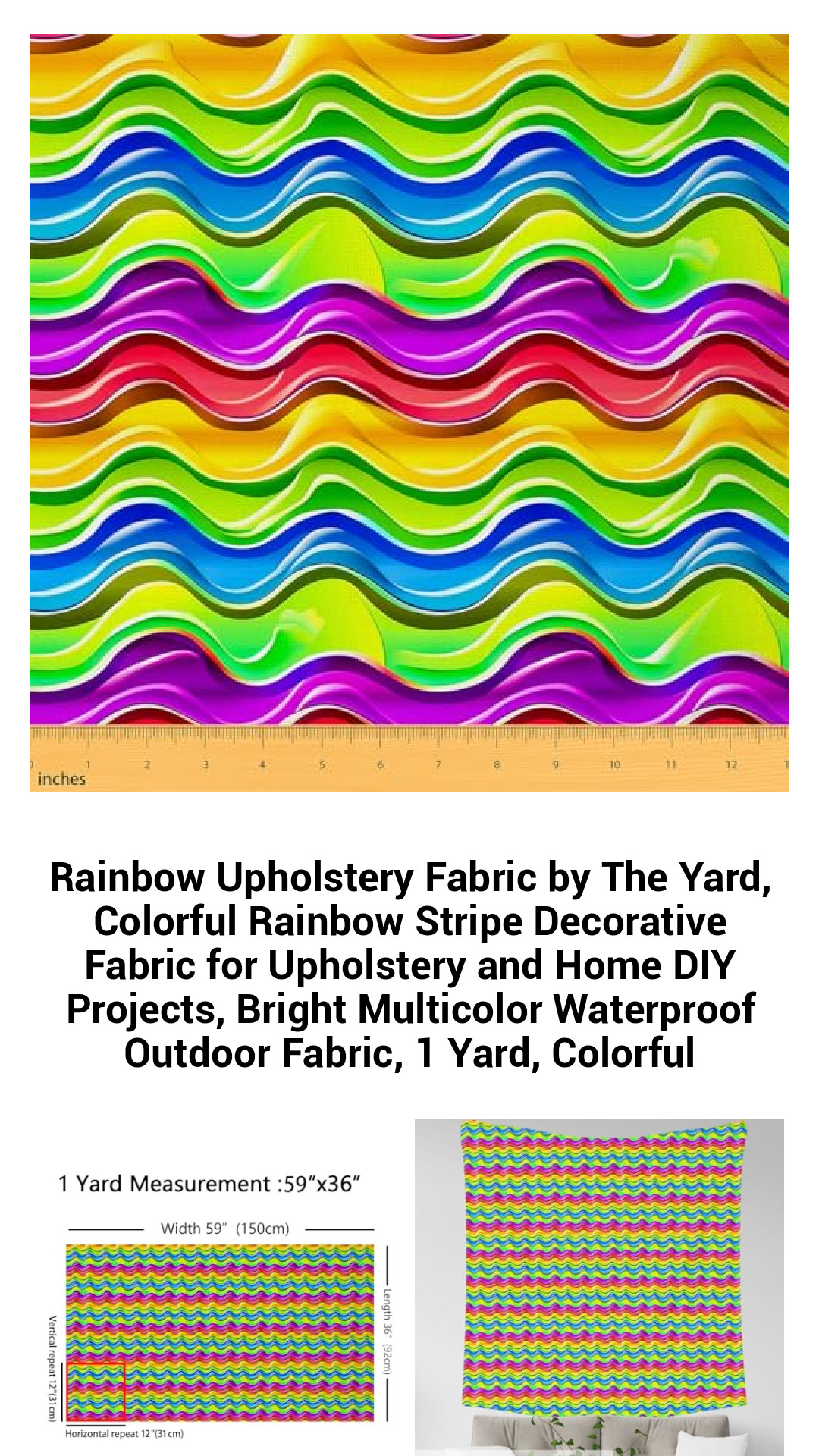 Rainbow Upholstery Fabric by The Yard, Colorful Rainbow Stripe Decorative Fabric for Upholstery and Home DIY Projects, Bright Multicolor Waterproof Outdoor Fabric, 1 Yard, Colorful Rainbow Upholstery Fabric by The Yard, Colorful Rainbow Stripe Decorative Fabric for Upholstery and Home DIY Projects, Bright Multicolor Waterproof Outdoor Fabric, 1 Yard, Colorful