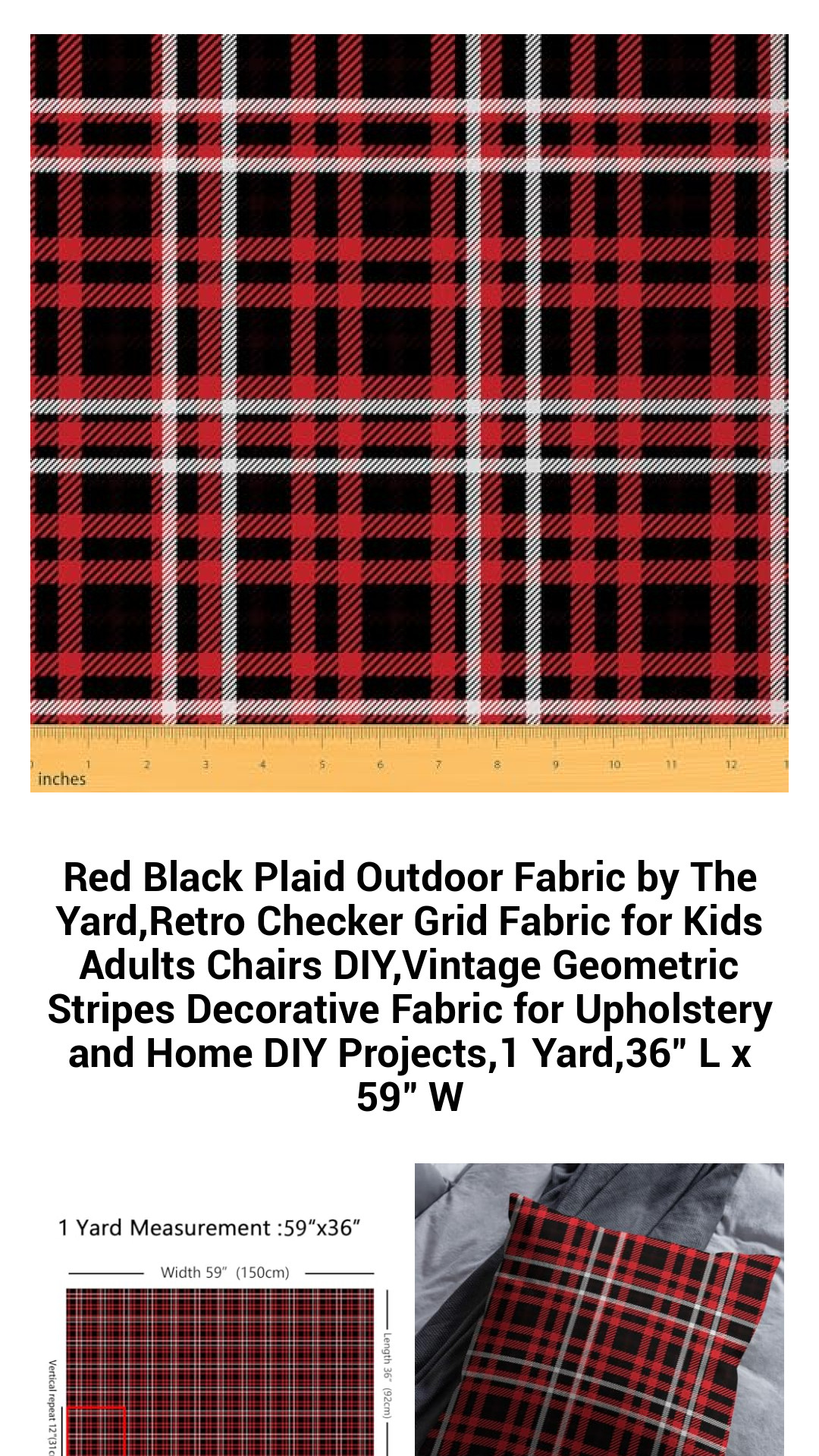 Versatile Red and Black Plaid Outdoor Fabric by the Yard - Retro Checker Print for Upholstery, DIY Crafts, and Home Décor Projects