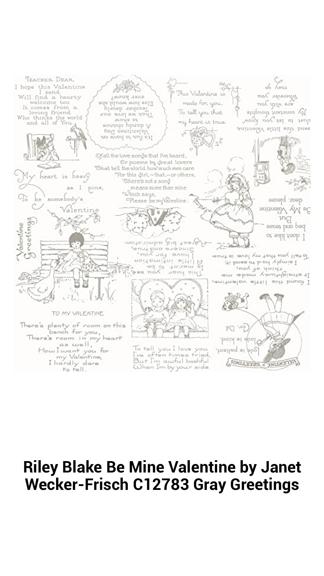 Romantic Gray Greetings Fabric by Riley Blake - Be Mine Valentine Collection by Janet Wecker-Frisch