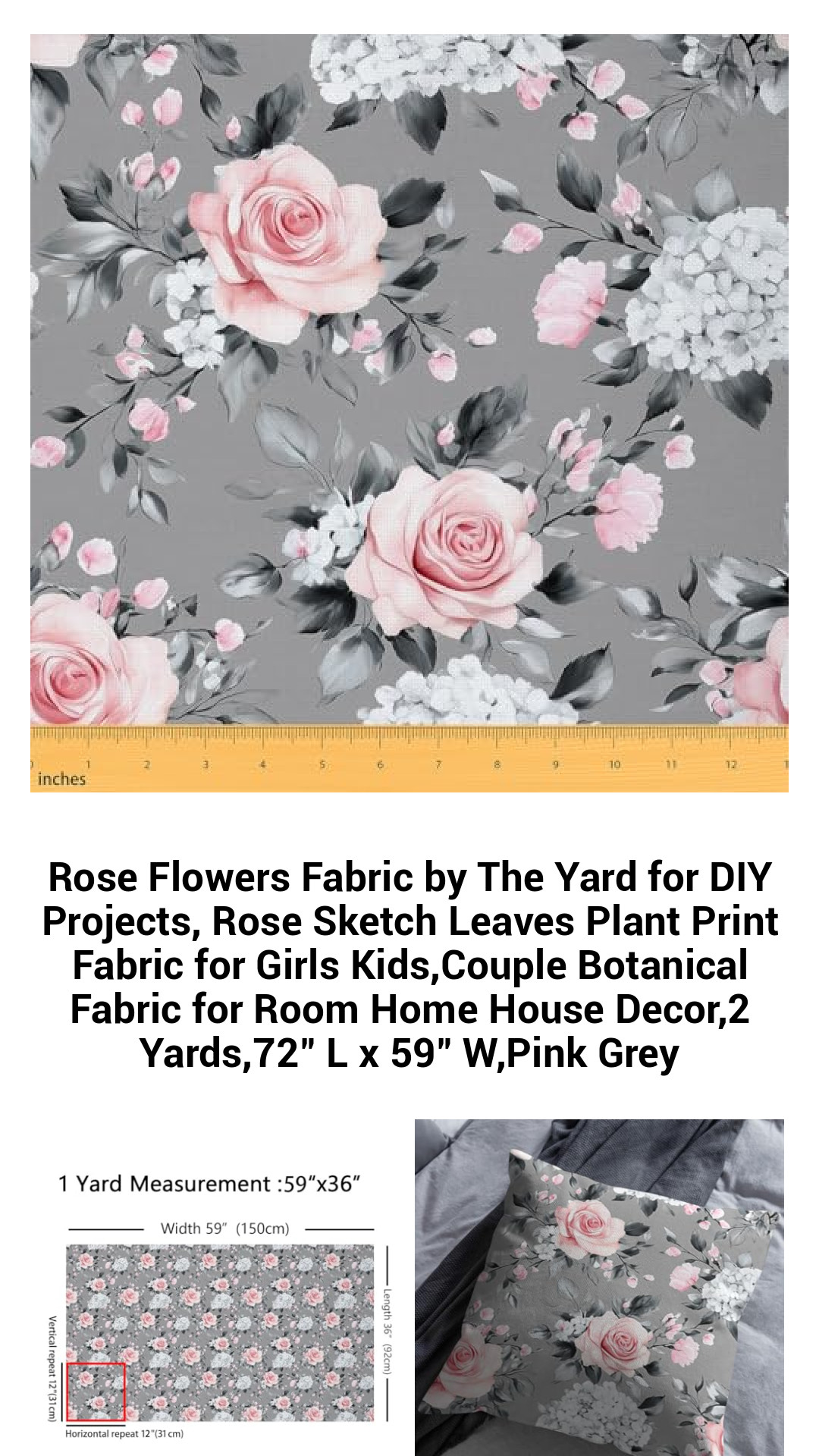 Rose Flowers Fabric by The Yard for DIY Projects, Rose Sketch Leaves Plant Print Fabric for Girls Kids,Couple Botanical Fabric for Room Home House Decor,2 Yards,72" L x 59" W,Pink Grey Rose Flowers Fabric by The Yard for DIY Projects, Rose Sketch Leaves Plant Print Fabric for Girls Kids,Couple Botanical Fabric for Room Home House Decor,2 Yards,72" L x 59" W,Pink Grey