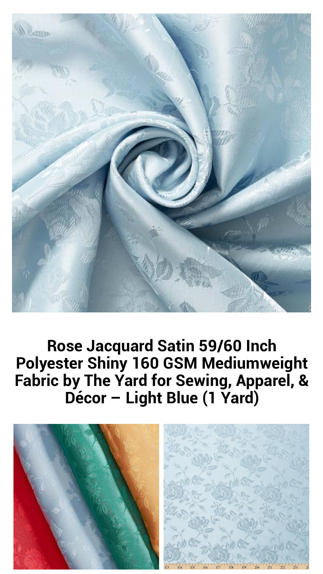 Luxurious Light Blue Rose Jacquard Satin Fabric – Mediumweight Polyester for Sewing, Apparel, and Home Décor (59/60 Inch, Sold by the Yard)