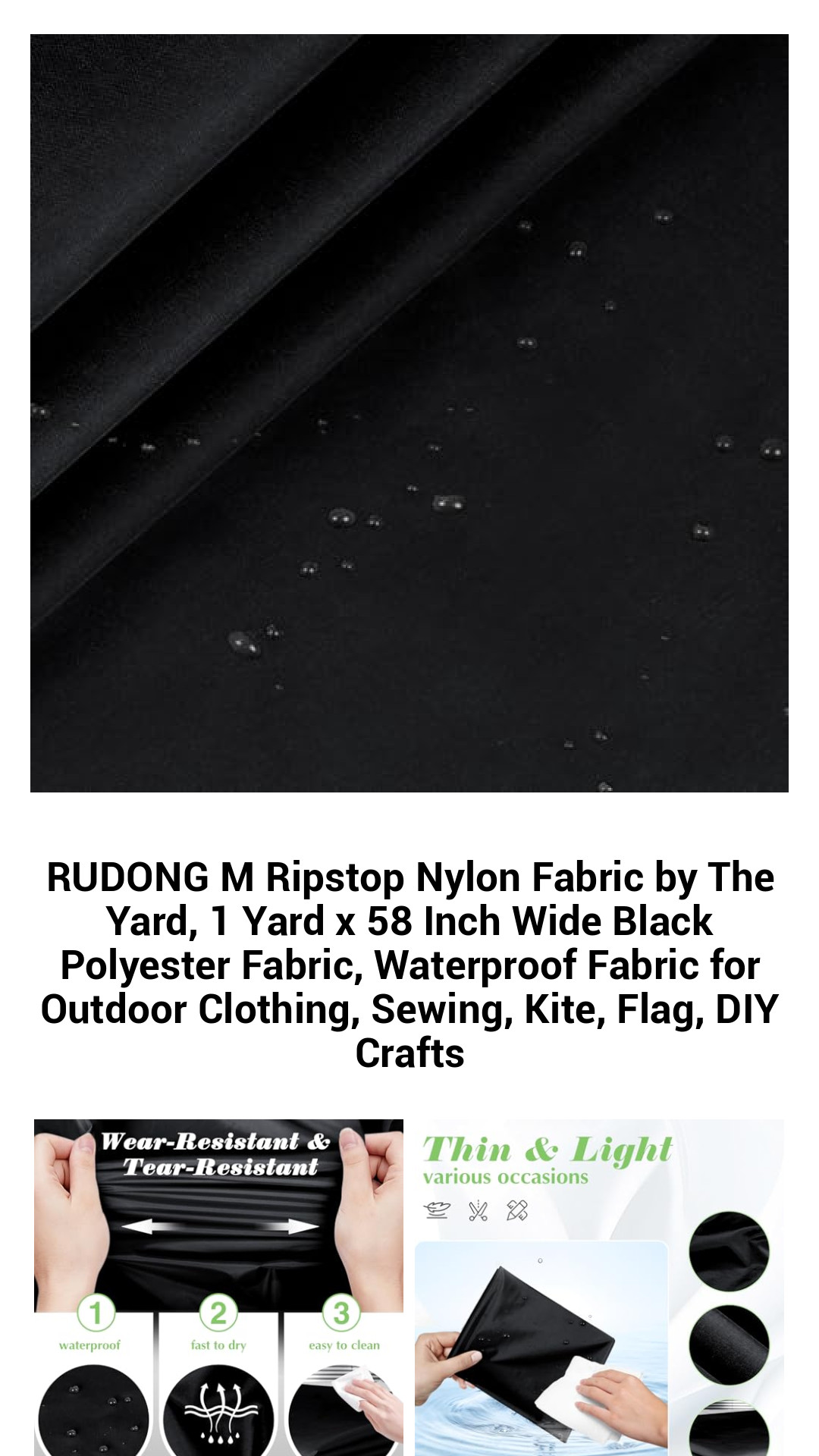 Premium Black Ripstop Nylon Fabric - 1 Yard x 58 Inches, Waterproof & Versatile for Outdoor Gear, DIY Crafts, Sewing Projects