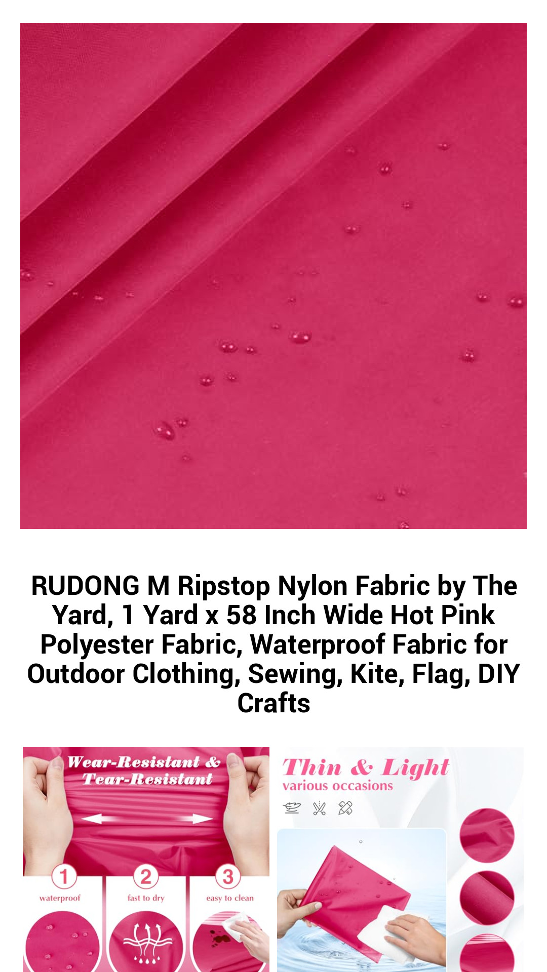 Premium Hot Pink Ripstop Nylon Fabric – Waterproof, Tear-Resistant & Versatile for Outdoor Gear, Sewing Projects, and DIY Crafts – 1 Yard x 58 Inch