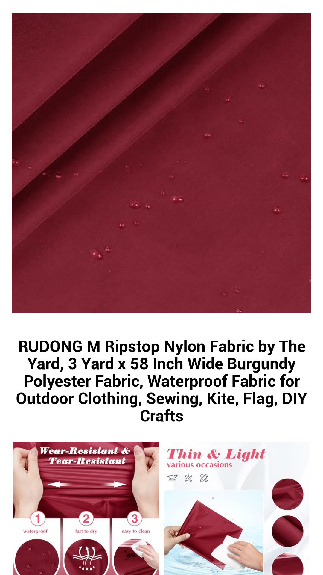 Premium Burgundy Waterproof Ripstop Nylon Fabric - Versatile 3 Yard x 58 Inch Outdoor Sewing Solution for Crafts, Kites, and Apparel