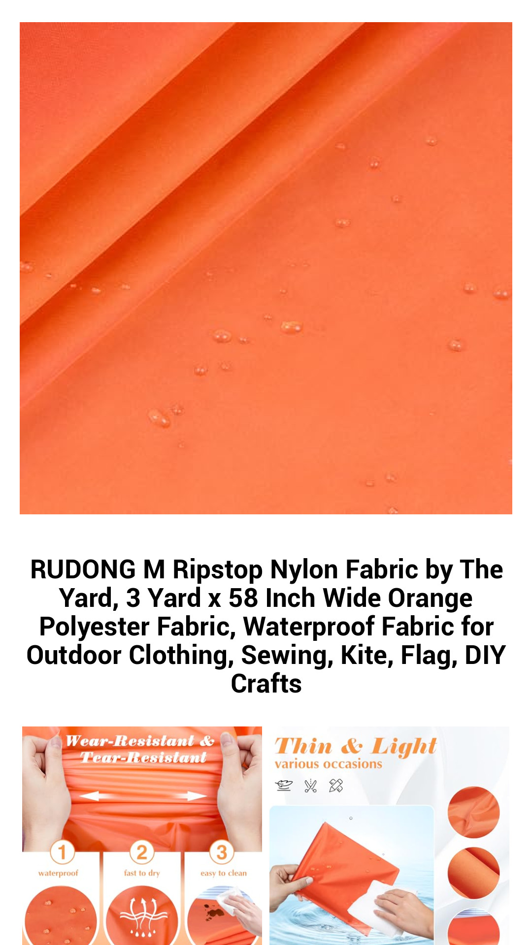 Premium Waterproof Ripstop Nylon Fabric - 3 Yards x 58 Inches in Bold Orange for Outdoor Gear, Crafts, and DIY Projects
