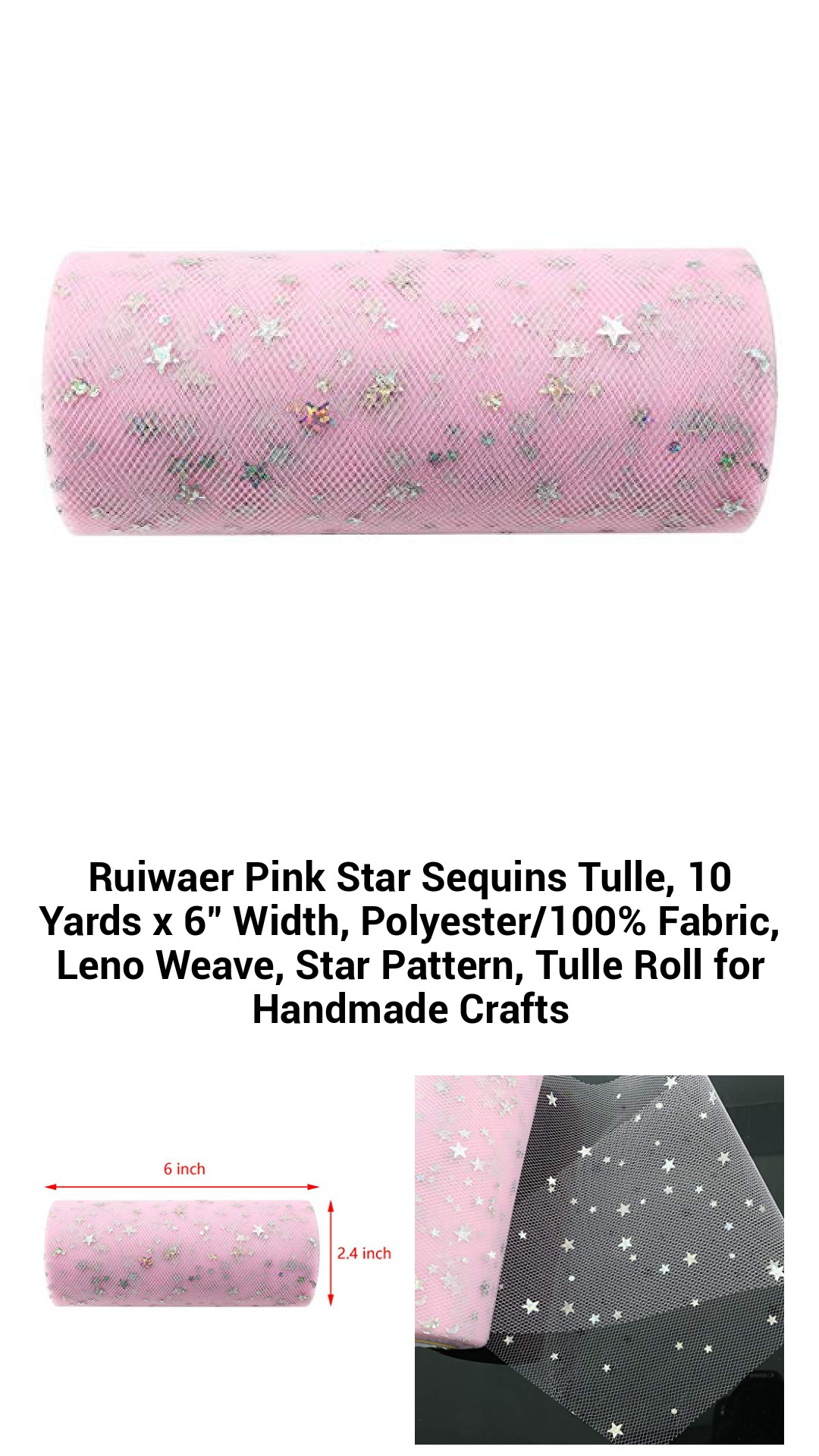Ruiwaer Pink Star Sequins Tulle, 10 Yards x 6" Width, Polyester/100% Fabric, Leno Weave, Star Pattern, Tulle Roll for Handmade Crafts Ruiwaer Pink Star Sequins Tulle, 10 Yards x 6" Width, Polyester/100% Fabric, Leno Weave, Star Pattern, Tulle Roll for Handmade Crafts