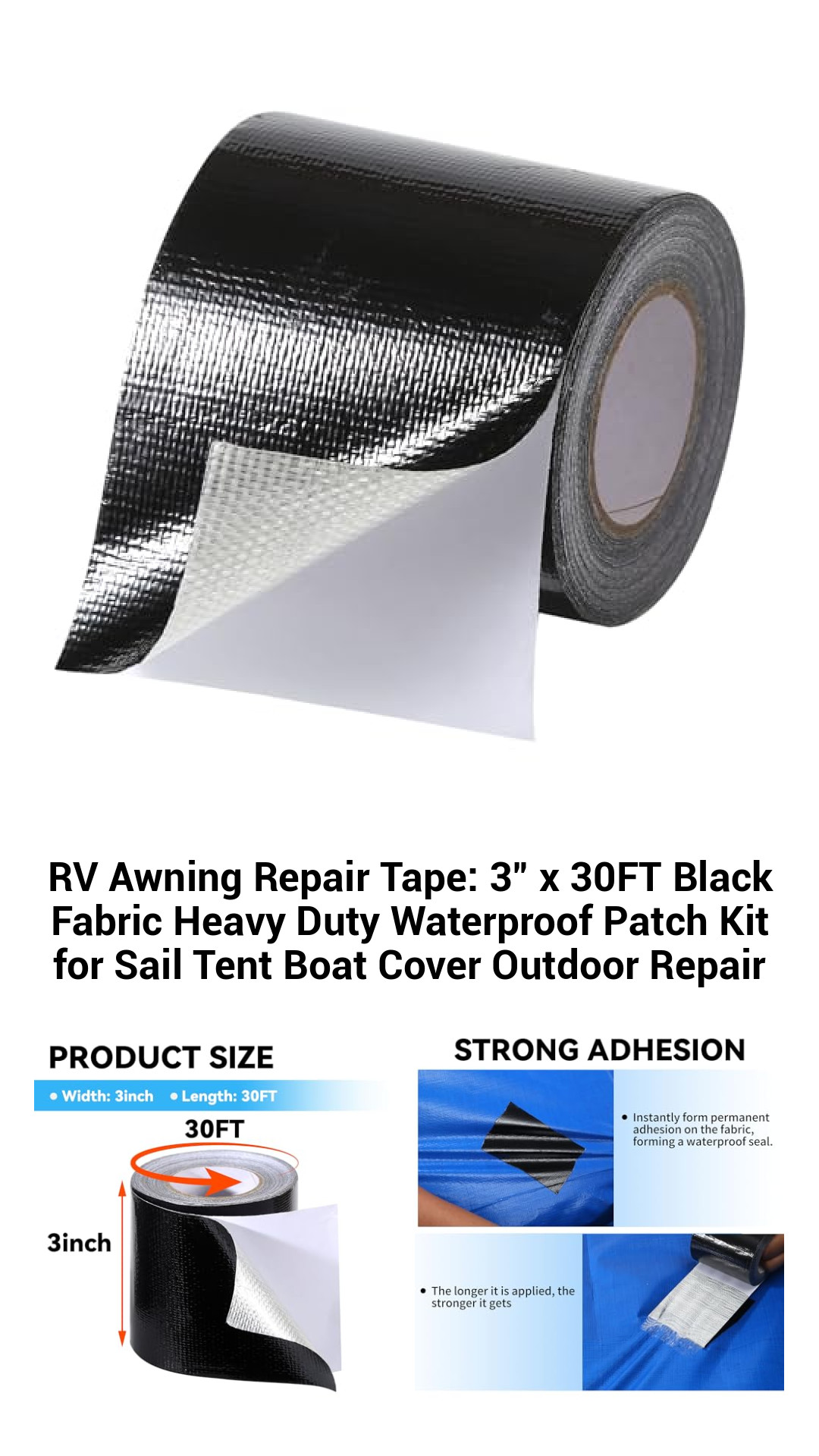 Heavy Duty Waterproof RV Awning Repair Tape - 3" x 30FT Black Fabric Patch Kit for Quick Outdoor Fixes