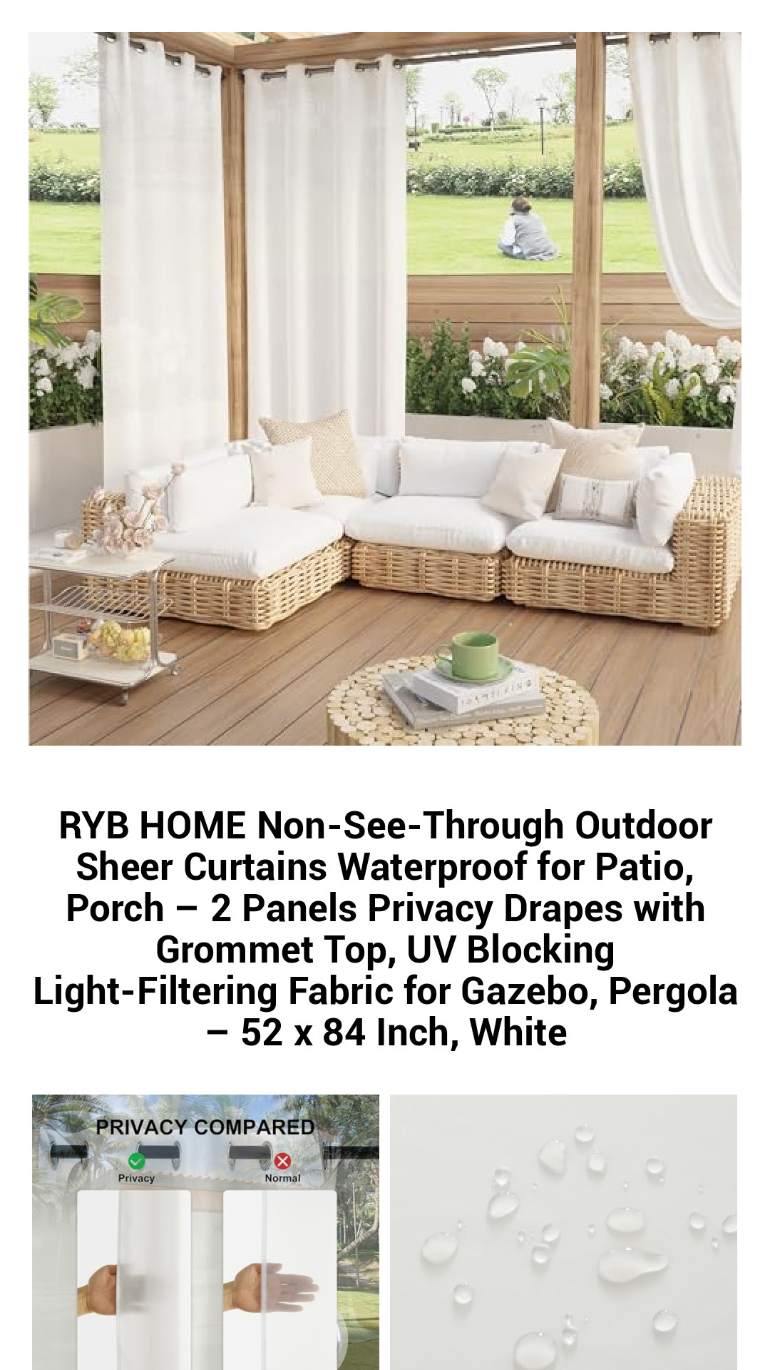 Elevate Your Outdoor Oasis with RYB HOME Waterproof Sheer Curtains - 2 Panels, UV-Blocking & Privacy-Enhancing Drapes for Patios, Gazebos, and Porches - 52 x 84 Inch, Elegant White