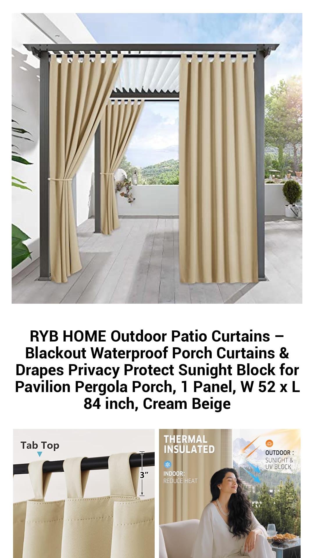Premium Outdoor Blackout Curtains – Waterproof Sunshade Drapes for Privacy and Comfort, 52 x 84 Inch Cream Beige Panel
