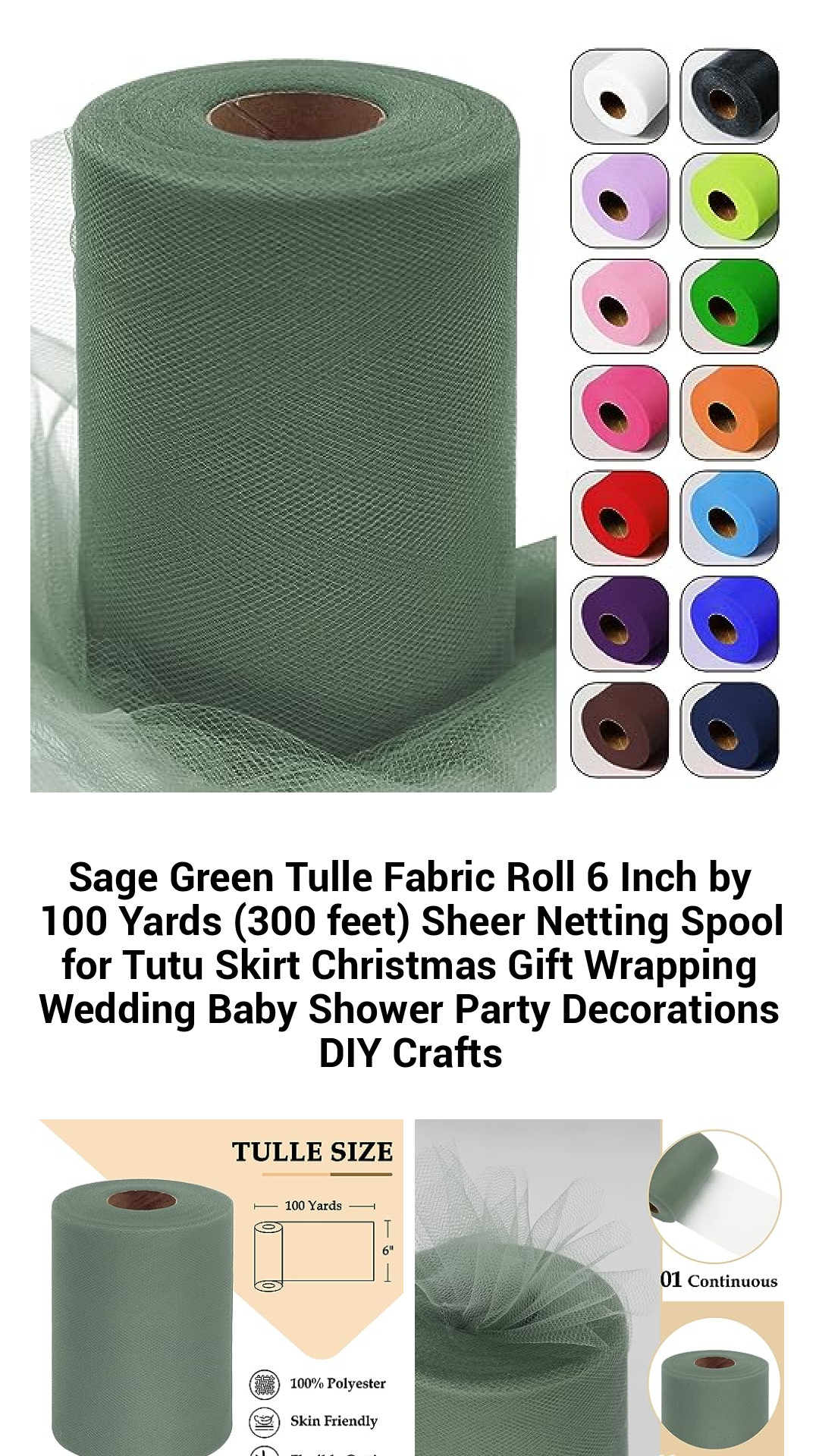 Sage Green Tulle Fabric Roll 6 Inch by 100 Yards (300 feet) Sheer Netting Spool for Tutu Skirt Christmas Gift Wrapping Wedding Baby Shower Party Decorations DIY Crafts Sage Green Tulle Fabric Roll 6 Inch by 100 Yards (300 feet) Sheer Netting Spool for Tutu Skirt Christmas Gift Wrapping Wedding Baby Shower Party Decorations DIY Crafts