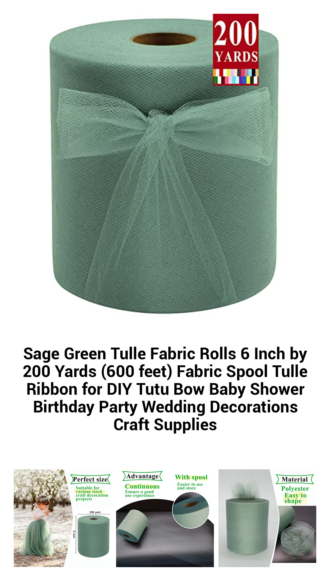 Premium Sage Green Tulle Fabric Rolls – 6 Inch by 200 Yards for Stunning DIY Creations, Weddings, and Party Decorations