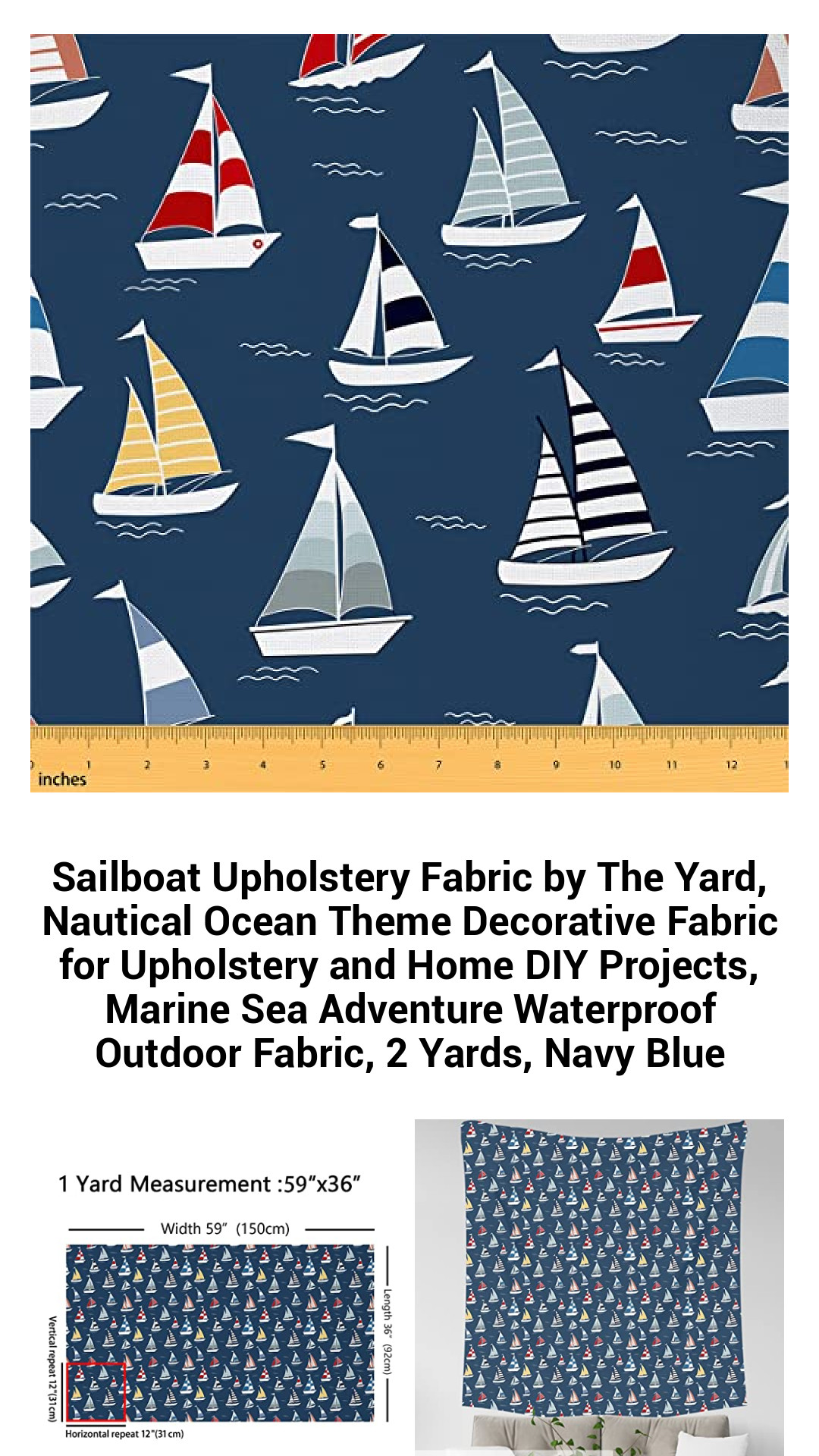 Premium Nautical Sailboat Upholstery Fabric by The Yard - Waterproof Marine Adventure Decor for Stylish Home DIY Projects in Navy Blue