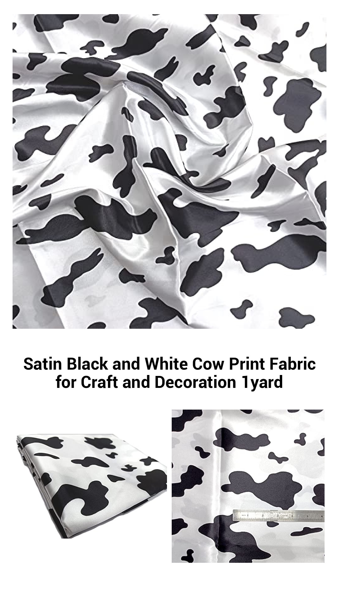 Luxurious Black and White Cow Print Satin Fabric - Perfect for Crafting and Home Décor, 1 Yard of Versatile Polyester