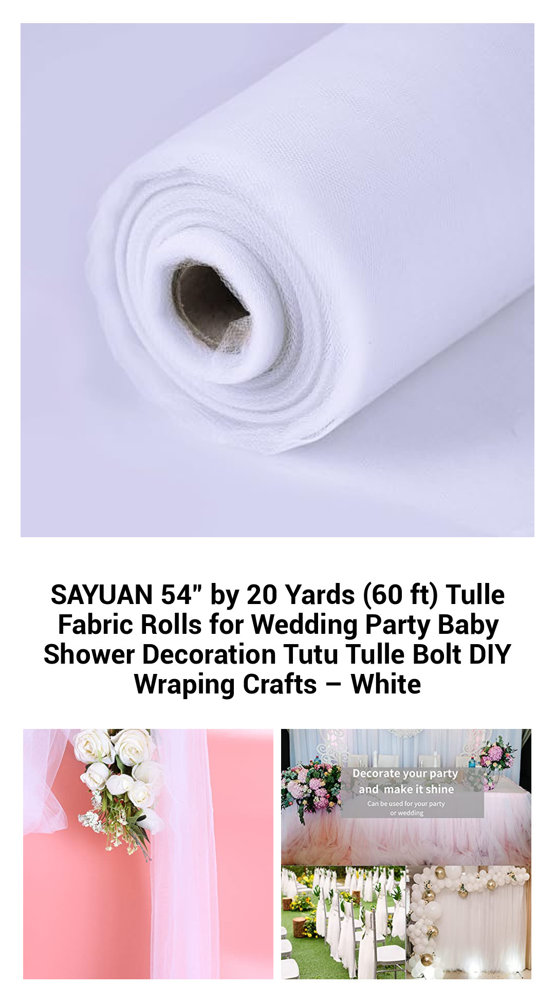 Premium 54" x 20 Yards Tulle Fabric Rolls – Ideal for Weddings, Baby Showers, and DIY Crafts – Elegant White Tulle for Stunning Decorations