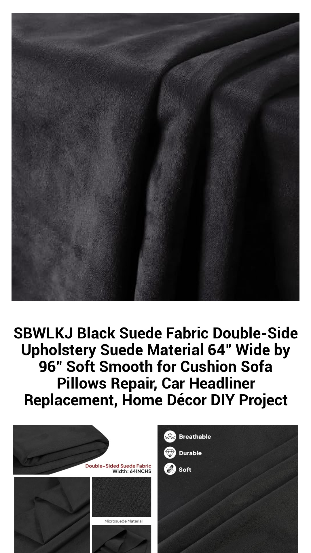 Premium Double-Sided Black Suede Fabric - 64" x 96" Soft Microfiber Upholstery Material for Cushions, DIY Projects, and Car Interiors