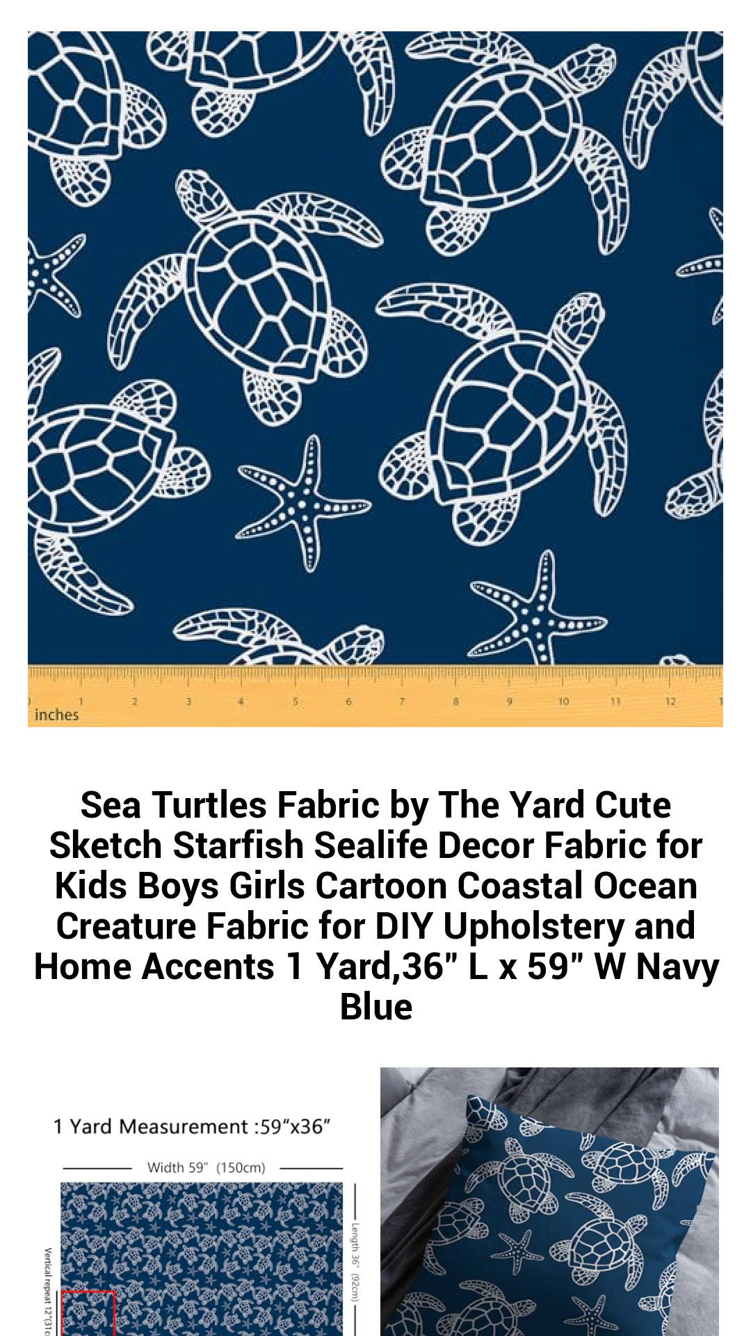 Adorable Sea Turtles Fabric by the Yard – Cute Coastal Design Featuring Starfish and Ocean Creatures for Kids’ Decor and DIY Projects – 1 Yard, 36" x 59" Navy Blue Upholstery Fabric