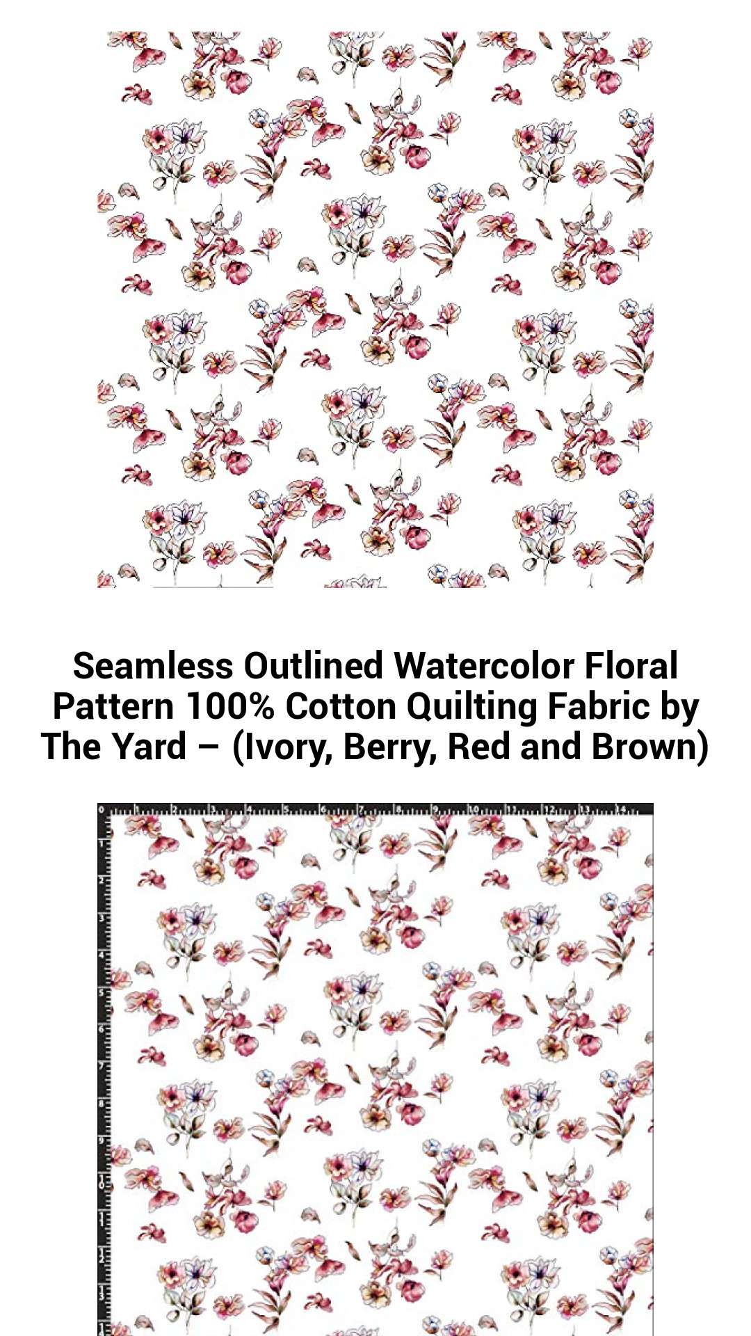 Elegant Watercolor Floral Quilting Fabric - 100% Cotton by The Yard in Ivory, Berry, Red, and Brown Hues