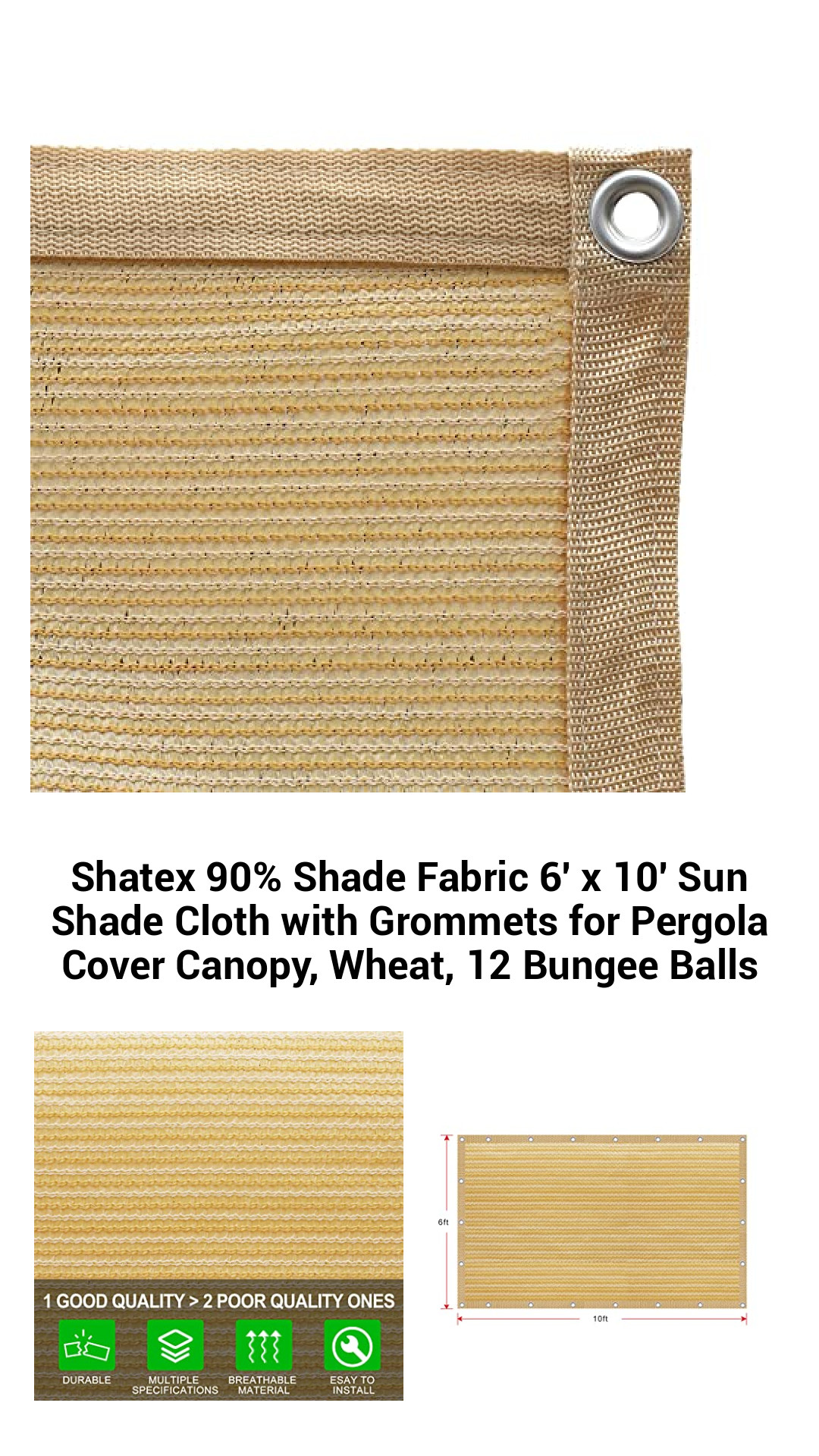 Premium 90% Shade Fabric 6' x 10' Sun Shade Cloth with Grommets for Pergola Cover and Canopy - Durable Wheat Shade Solution with 12 Bungee Balls