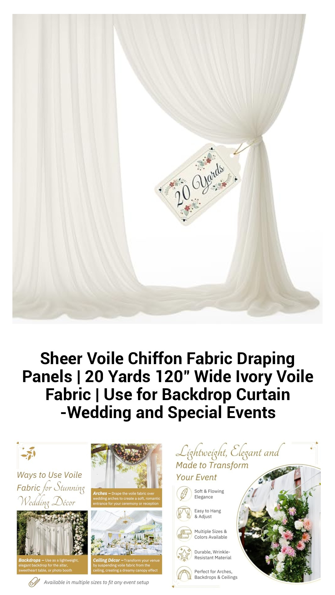 Premium Ivory Voile Chiffon Draping Panels | 20 Yards of 120" Wide Sheer Fabric for Elegant Wedding Backdrops and Event Decor