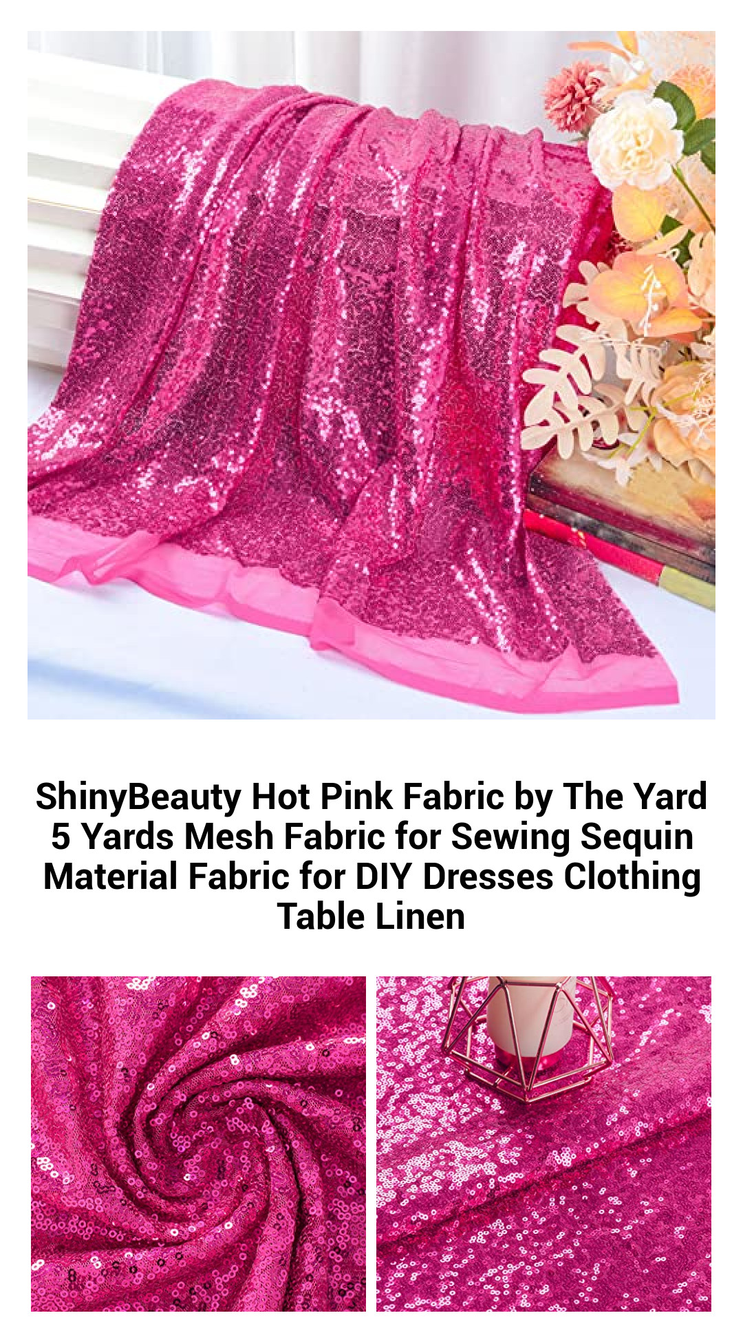 Vibrant Hot Pink Sequin Mesh Fabric by the Yard - 5 Yards of Sparkling DIY Sewing Material for Dresses, Table Linens, and More