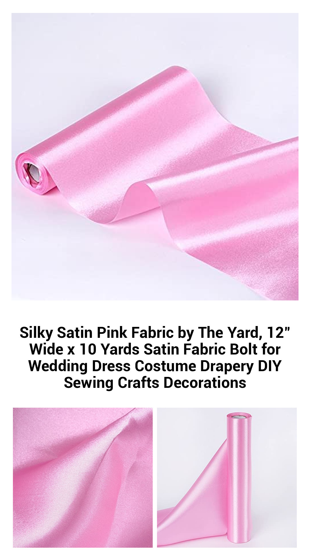 Luxurious Pink Satin Fabric Bolt - 10 Yards of 12-Inch Wide Soft Satin for Elegant Weddings, Costumes, Drapery, and DIY Craft Projects