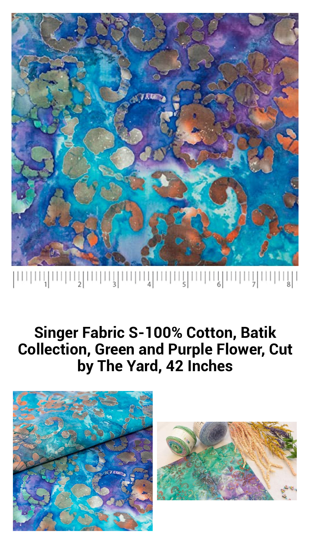 Singer Fabric S-100% Cotton, Batik Collection, Green and Purple Flower, Cut by The Yard, 42 Inches Singer Fabric S-100% Cotton, Batik Collection, Green and Purple Flower, Cut by The Yard, 42 Inches