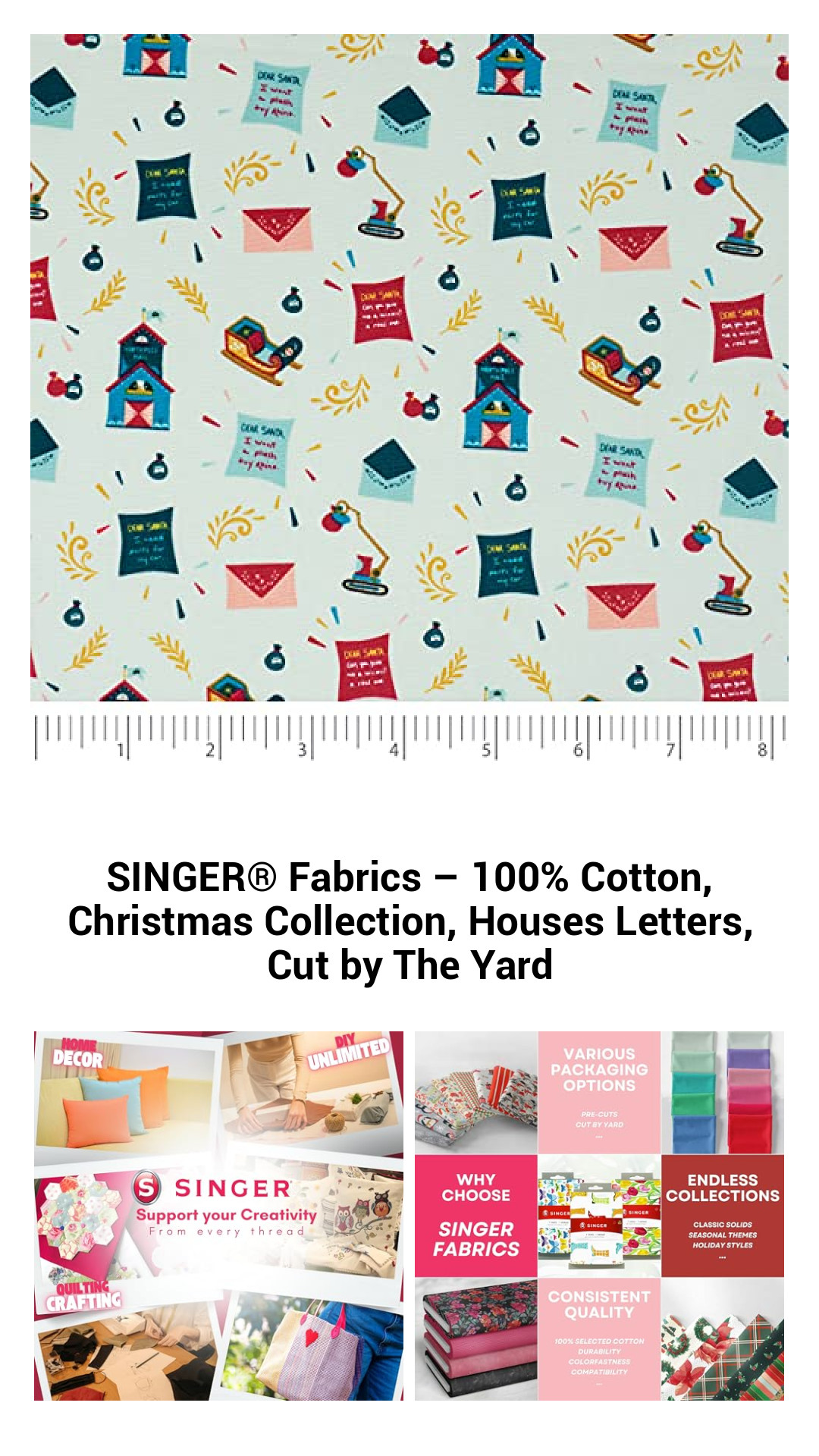 SINGER® 100% Cotton Christmas Fabric – Charming Houses & Festive Letters, Cut by the Yard for All Your Holiday Projects