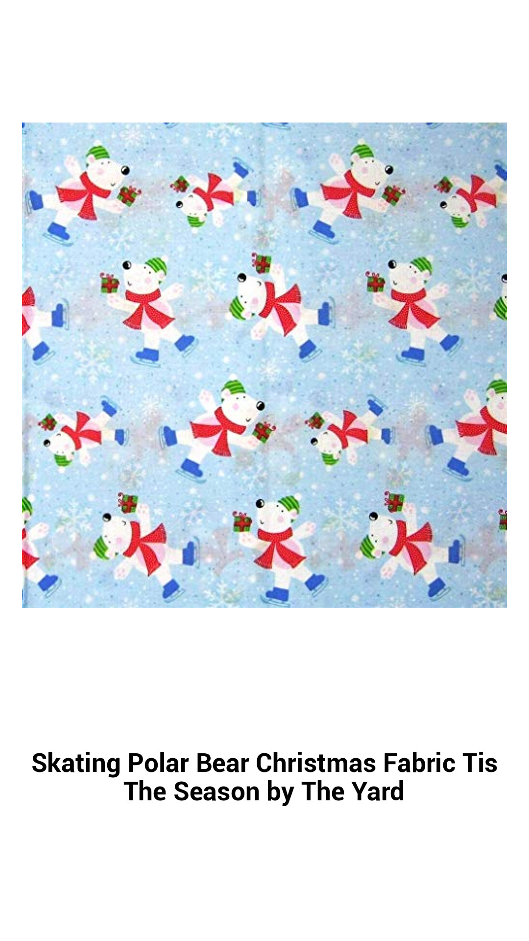 Whimsical Skating Polar Bear Christmas Fabric - 100% Cotton Holiday Print Sold by the Yard
