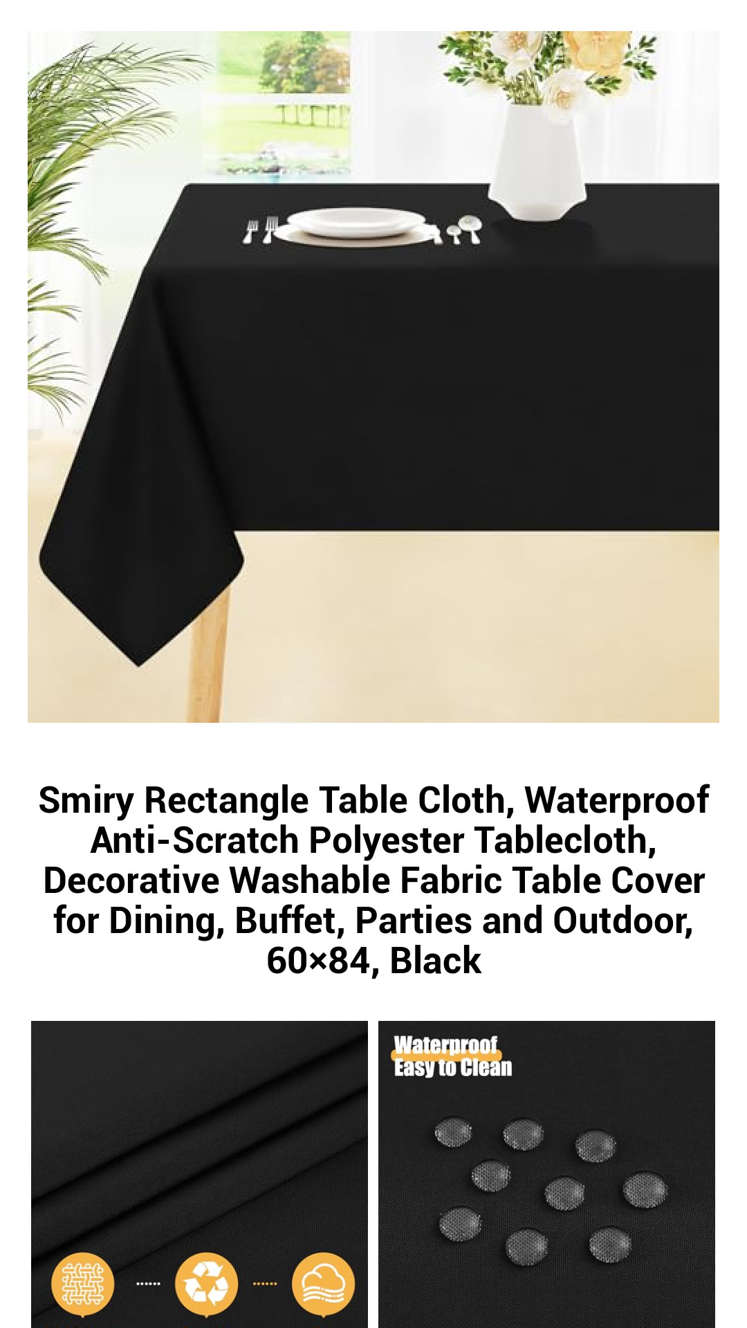 Premium Black Rectangle Tablecloth - Waterproof, Anti-Scratch Polyester Cover for Dining, Parties, and Outdoor Events - 60"x84"