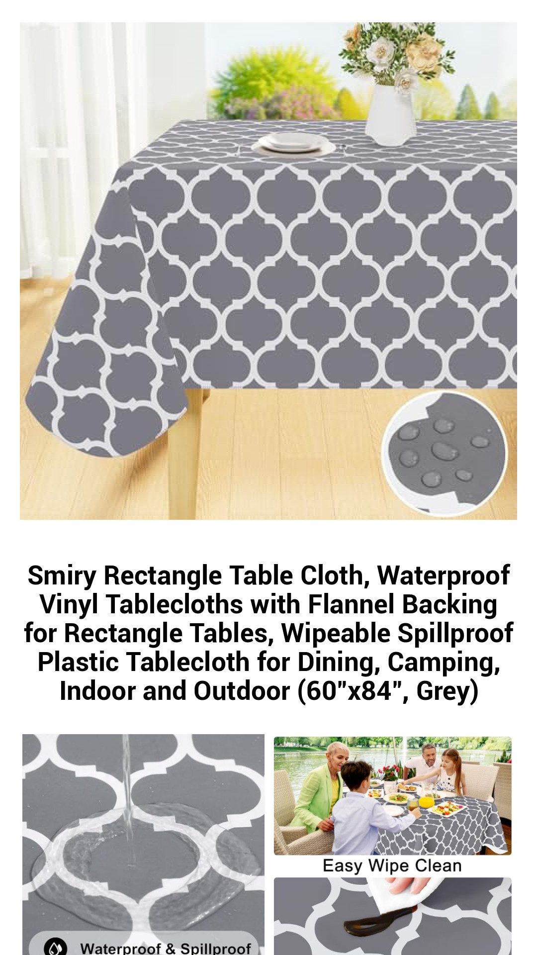 Stylish Waterproof Rectangle Tablecloth with Flannel Backing – Perfect for Dining, Camping, and Outdoor Gatherings (60"x84", Grey)