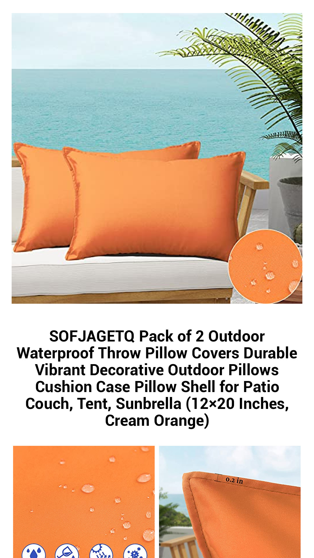 Vibrant Outdoor Waterproof Pillow Covers – Pack of 2 Durable Decorative Cushion Cases for Patio, Garden, and Tent (12x20 Inches, Cream Orange)