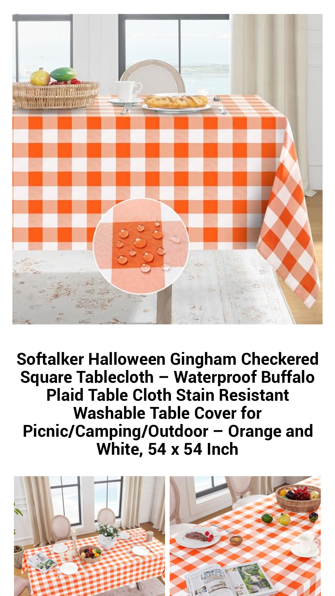 Vibrant Orange and White Buffalo Plaid Tablecloth – Waterproof and Stain Resistant Gingham Checkered Table Cover for Outdoor Picnics, Camping, and Seasonal Celebrations – 54 x 54 Inch