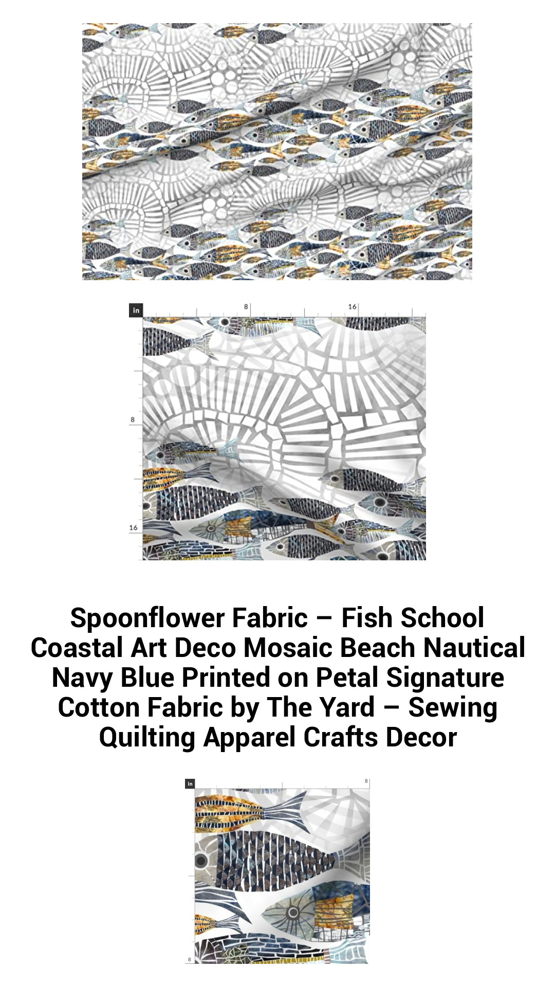Fish School Coastal Art Deco Mosaic Fabric - Navy Blue Petal Signature Cotton for Quilting, Apparel, and Home Decor