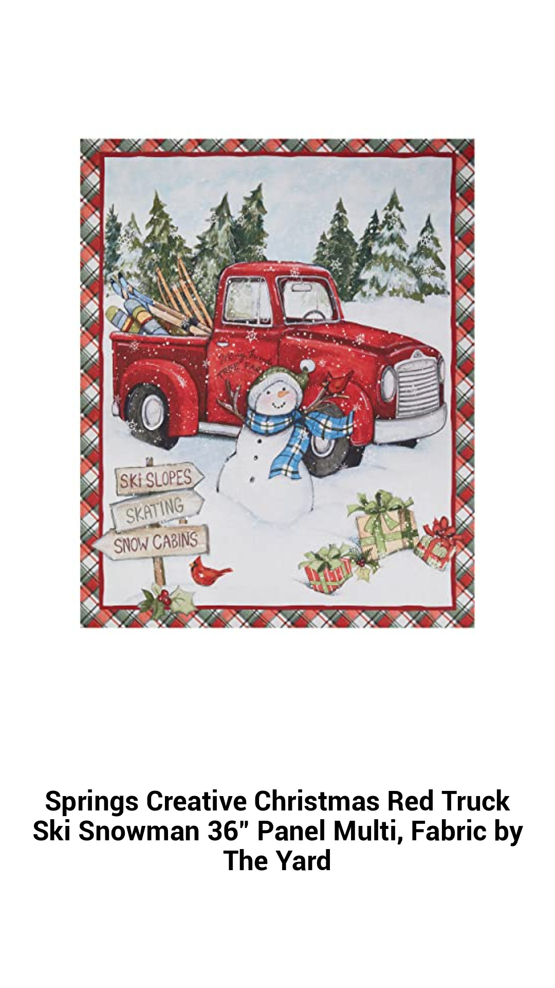 Festive Red Truck Ski Snowman Fabric Panel - 36" Cotton Delight for Quilting & Crafting