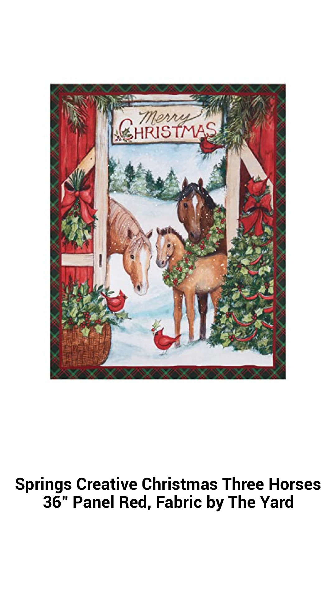 Festive Three Horses Red Christmas Fabric Panel - 36" x 44" Cotton for Quilting and Crafts