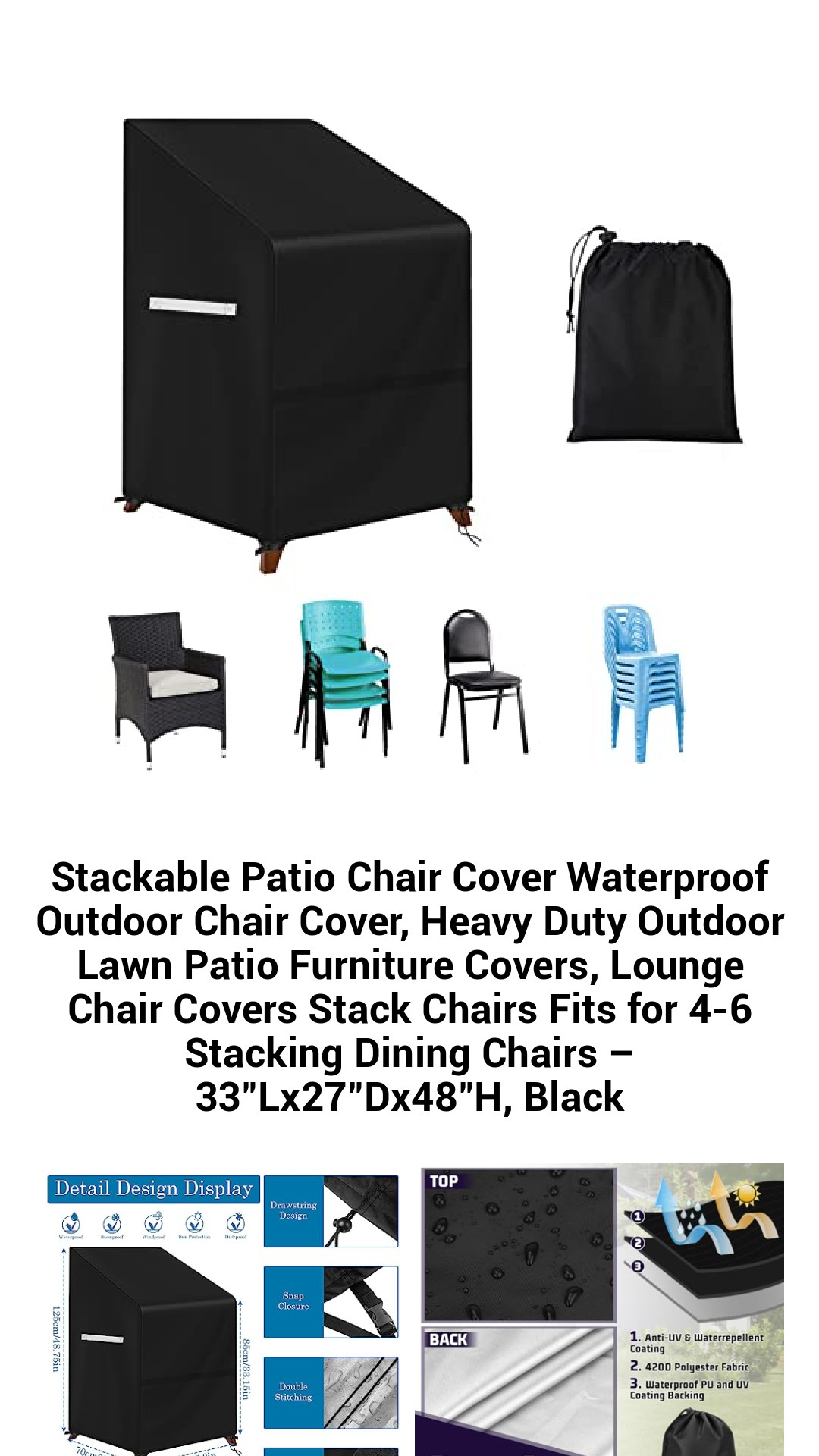 Stackable Patio Chair Cover Waterproof Outdoor Chair Cover, Heavy Duty Outdoor Lawn Patio Furniture Covers, Lounge Chair Covers Stack Chairs Fits for 4-6 Stacking Dining Chairs – 33"Lx27"Dx48"H, Black Stackable Patio Chair Cover Waterproof Outdoor Chair Cover, Heavy Duty Outdoor Lawn Patio Furniture Covers, Lounge Chair Covers Stack Chairs Fits for 4-6 Stacking Dining Chairs – 33"Lx27"Dx48"H, Black