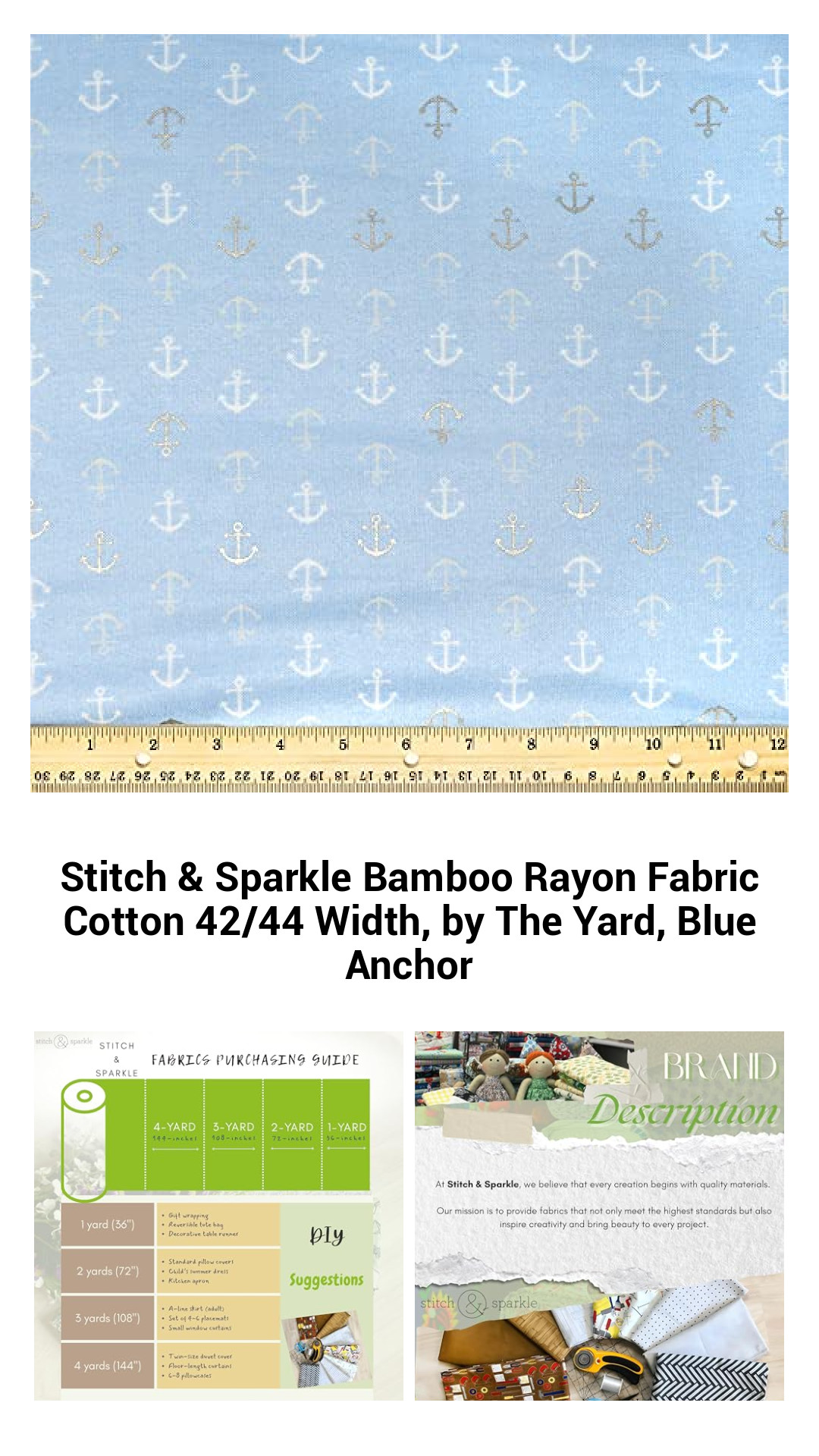 Stitch & Sparkle Bamboo Rayon Fabric Cotton 42/44 Width, by The Yard, Blue Anchor Stitch & Sparkle Bamboo Rayon Fabric Cotton 42/44 Width, by The Yard, Blue Anchor