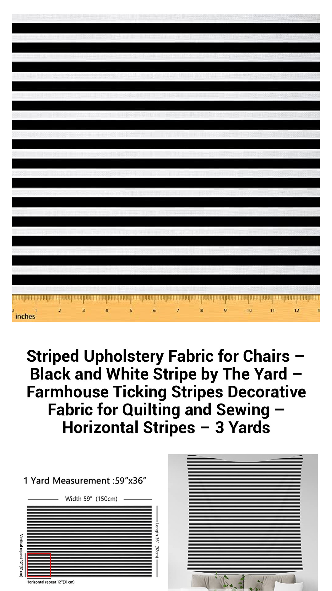Black and White Striped Upholstery Fabric – Versatile Farmhouse Ticking for DIY Projects – Stylish Decorative Fabric Sold by the Yard – Perfect for Quilting, Sewing, and Home Decor