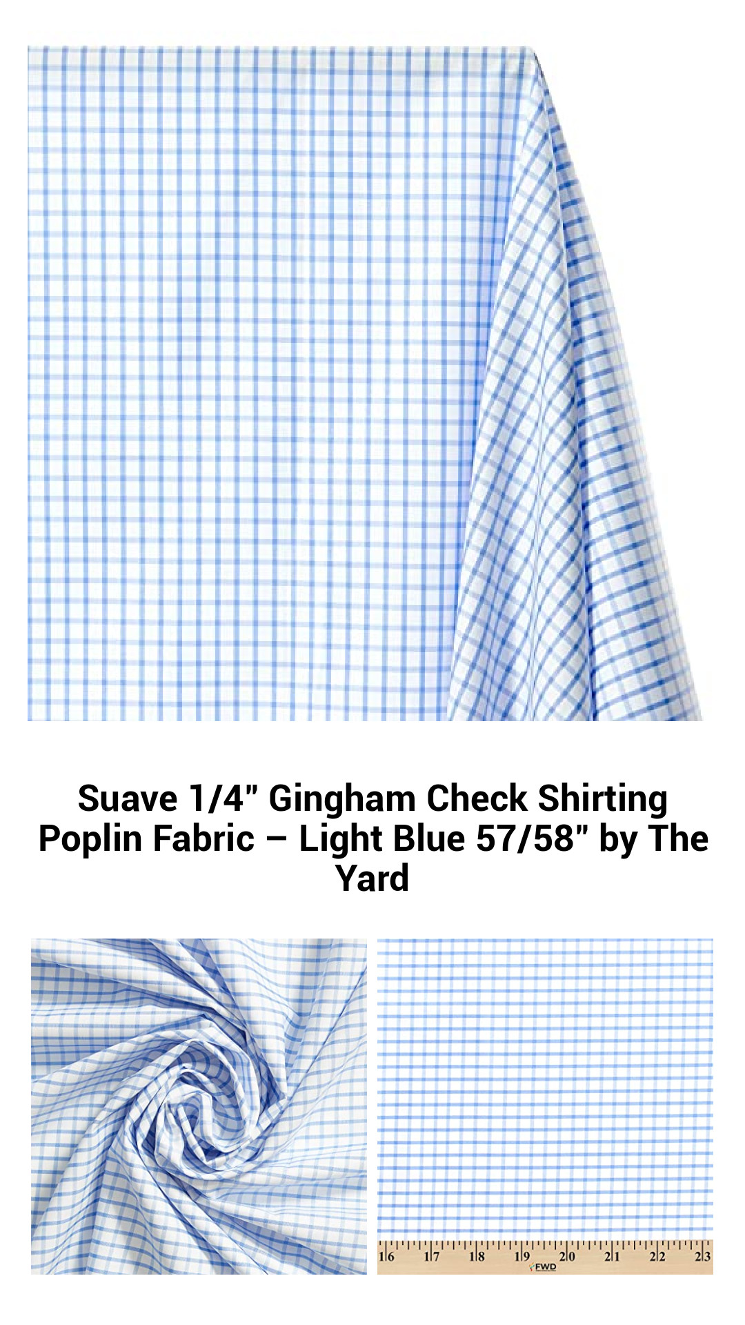 Premium Light Blue Gingham Check Poplin Fabric – Versatile Shirting Material for Creative Projects by The Yard