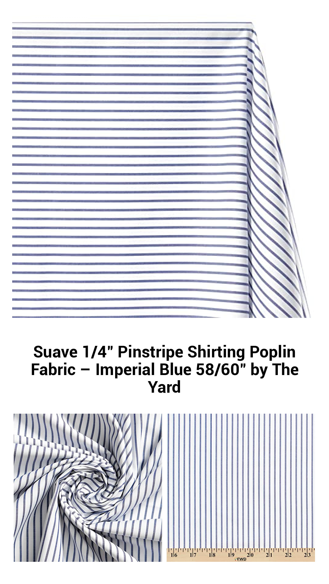 Premium Imperial Blue Pinstripe Poplin Fabric – Luxurious 1/4" Stripe Shirting, 58/60" Wide, Perfect for Tailoring and Crafting by the Yard