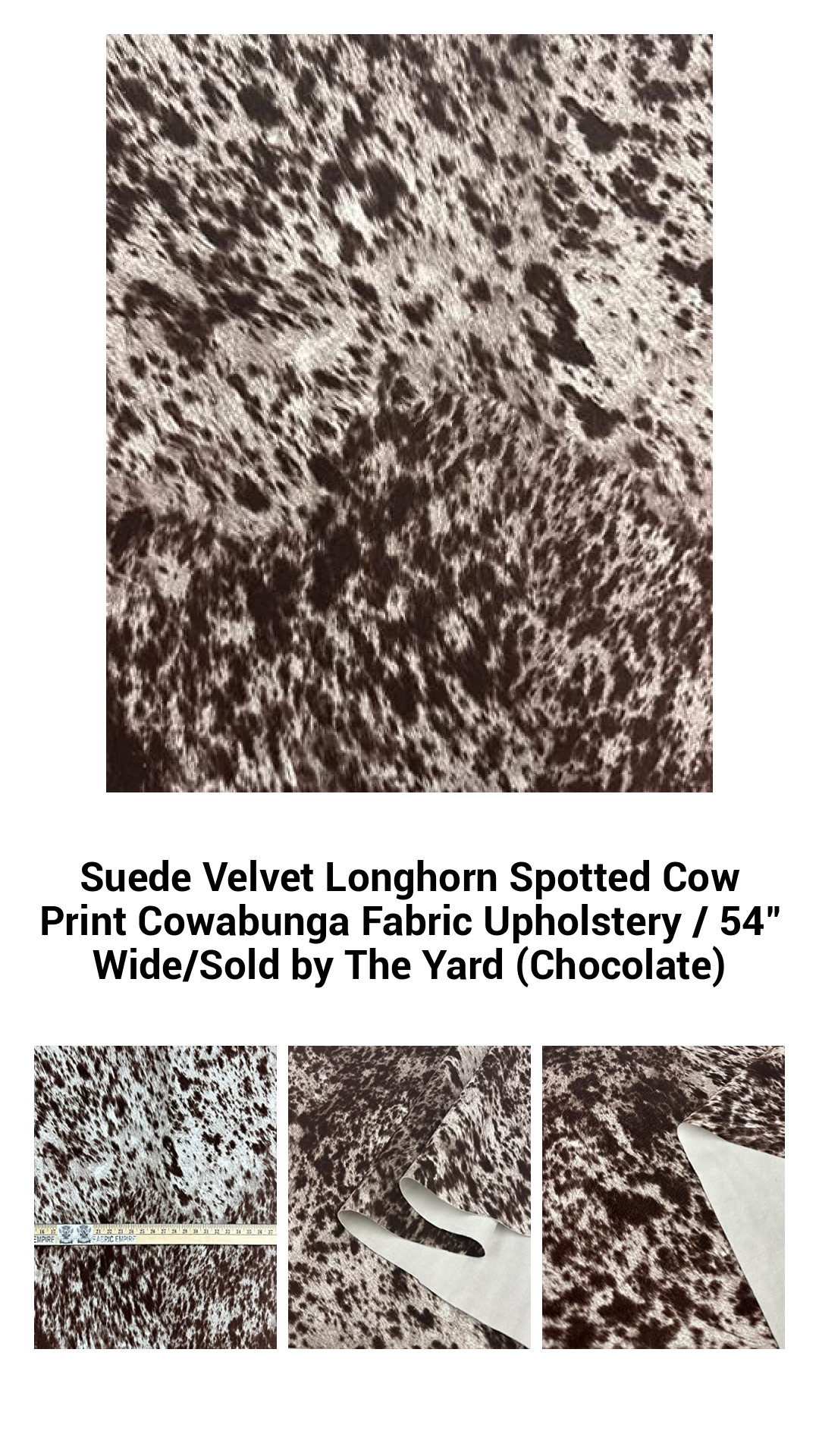 Luxurious Chocolate Suede Velvet Cow Print Upholstery Fabric - 54" Wide, Sold by the Yard for Home Decor and Fashion Projects