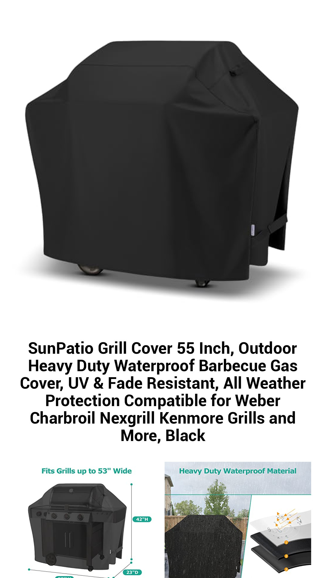 SunPatio Grill Cover 55 Inch, Outdoor Heavy Duty Waterproof Barbecue Gas Cover, UV & Fade Resistant, All Weather Protection Compatible for Weber Charbroil Nexgrill Kenmore Grills and More, Black SunPatio Grill Cover 55 Inch, Outdoor Heavy Duty Waterproof Barbecue Gas Cover, UV & Fade Resistant, All Weather Protection Compatible for Weber Charbroil Nexgrill Kenmore Grills and More, Black
