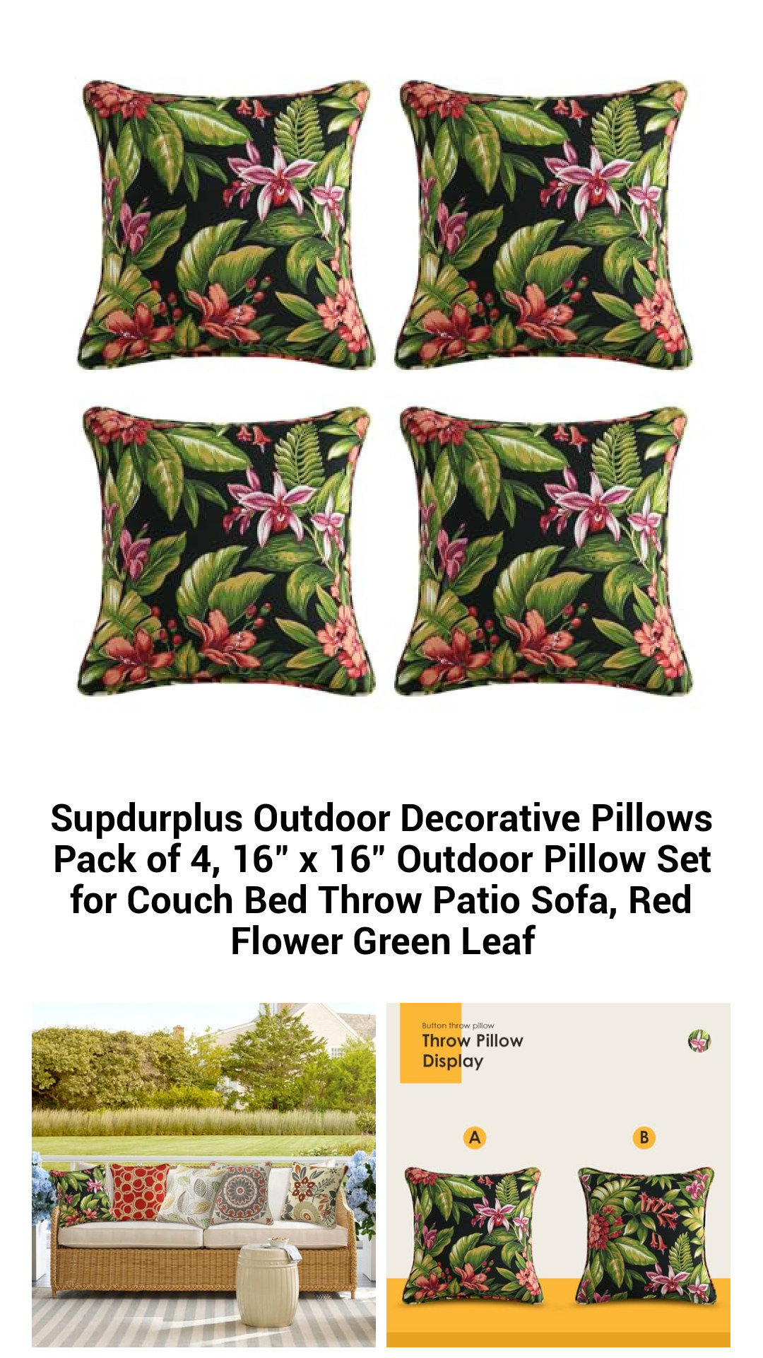 Supdurplus Outdoor Decorative Pillows Pack of 4, 16" x 16" Outdoor Pillow Set for Couch Bed Throw Patio Sofa, Red Flower Green Leaf Supdurplus Outdoor Decorative Pillows Pack of 4, 16" x 16" Outdoor Pillow Set for Couch Bed Throw Patio Sofa, Red Flower Green Leaf
