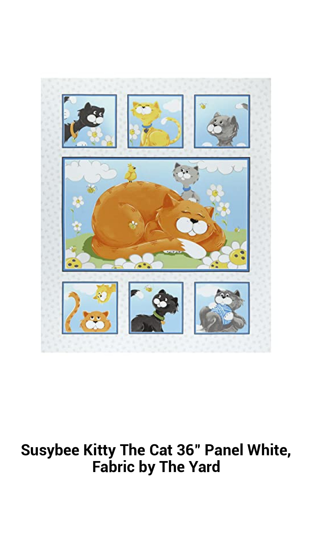 Whimsical Susybee Kitty the Cat 36-Inch Fabric Panel - Soft Cotton for Quilting and Crafts