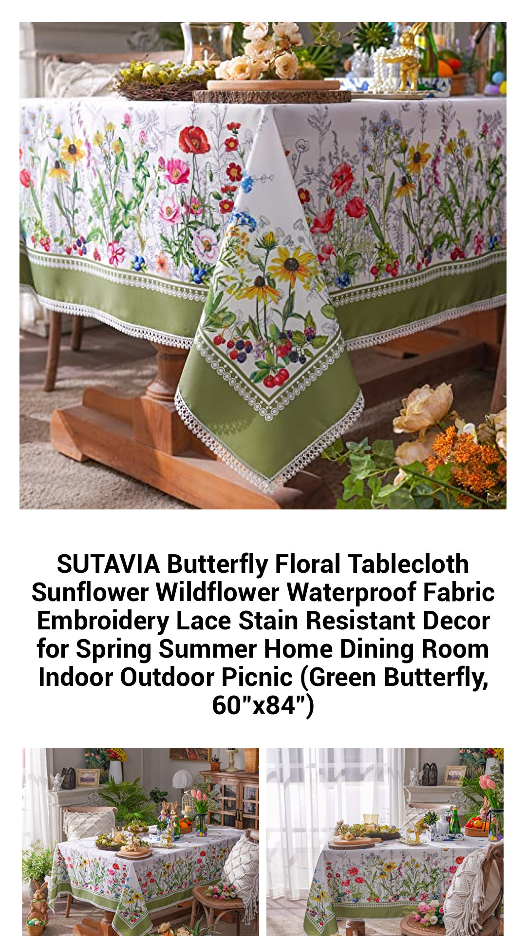 SUTAVIA Butterfly Floral Tablecloth Sunflower Wildflower Waterproof Fabric Embroidery Lace Stain Resistant Decor for Spring Summer Home Dining Room Indoor Outdoor Picnic (Green Butterfly, 60"x84") SUTAVIA Butterfly Floral Tablecloth Sunflower Wildflower Waterproof Fabric Embroidery Lace Stain Resistant Decor for Spring Summer Home Dining Room Indoor Outdoor Picnic (Green Butterfly, 60"x84")