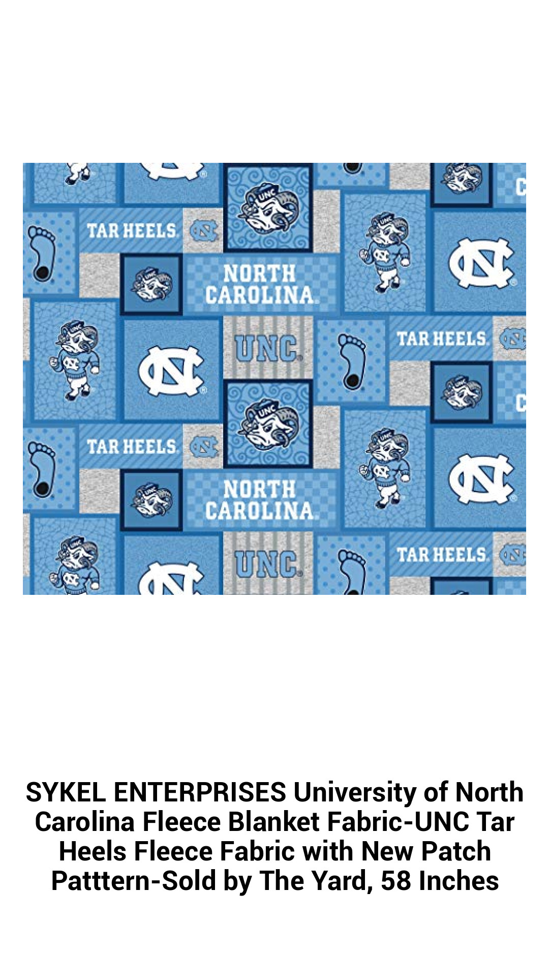 Premium UNC Tar Heels Fleece Fabric - Soft, Cozy Blanket Material with Trendy Patch Design - 58 Inches Wide, Sold by the Yard