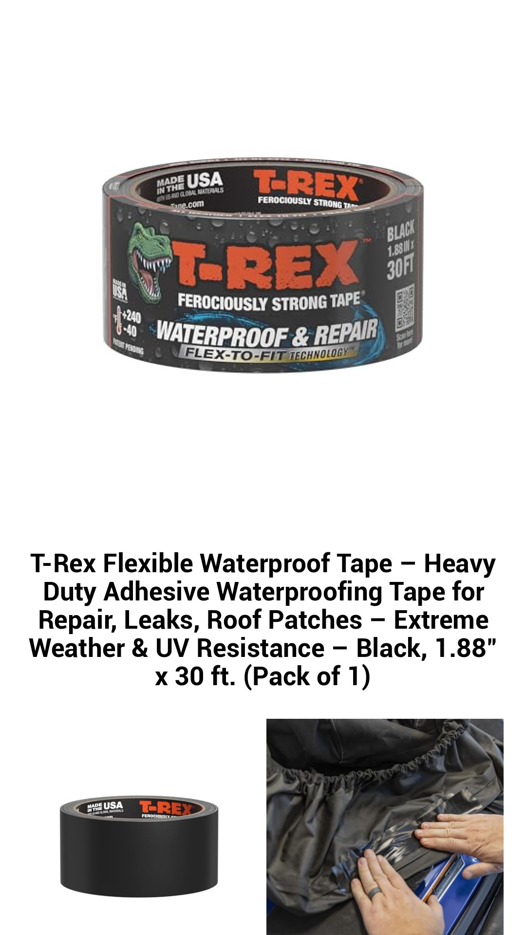 T-Rex Ultimate Heavy-Duty Waterproof Repair Tape – Multi-Surface Adhesive for Leaks, Roof Patching & Outdoor Fixes – Extreme Weather & UV-Proof – 1.88" x 30 ft.