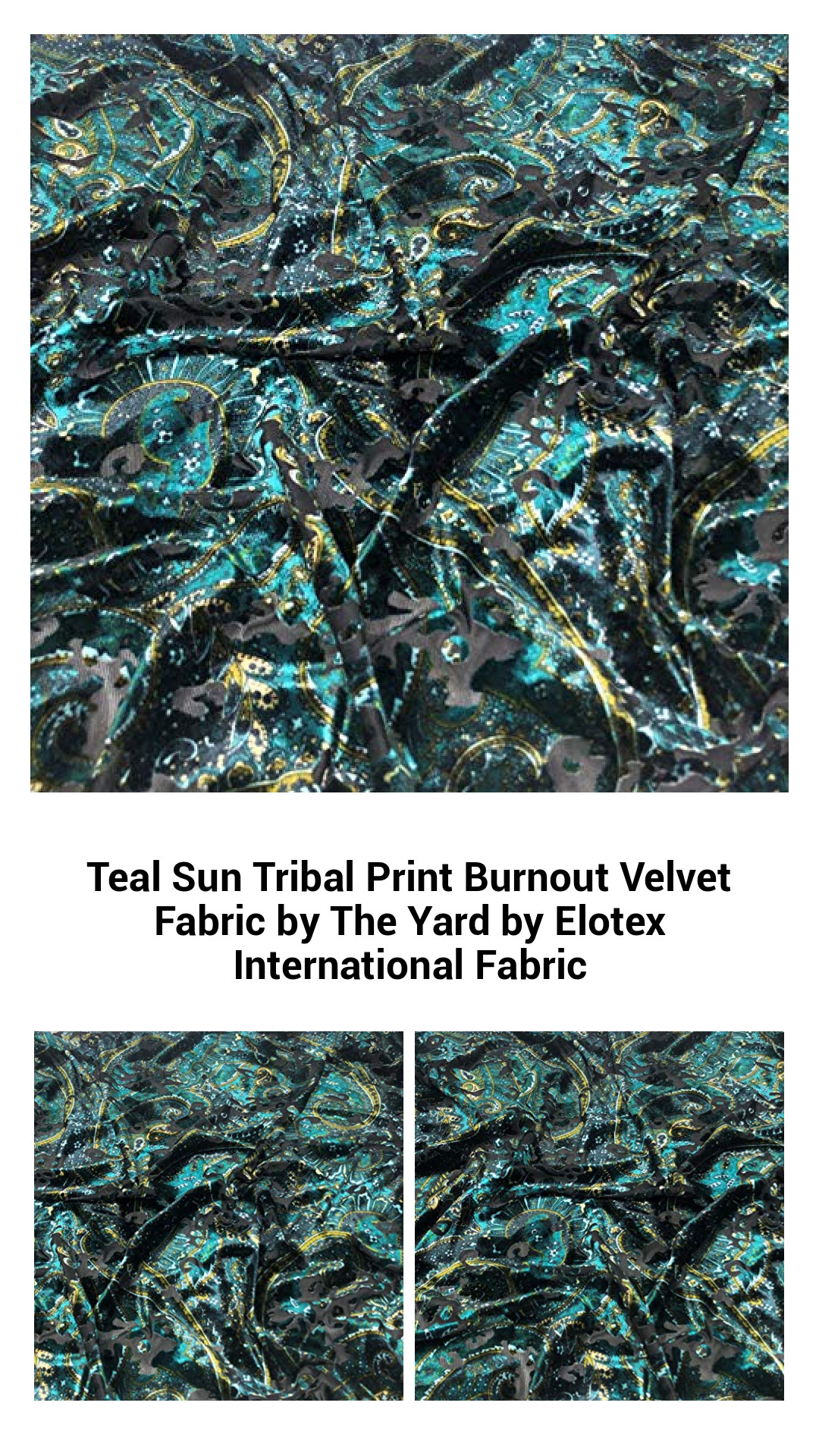 Teal Sun Tribal Burnout Velvet Fabric - Luxurious Print by Elotex International, Perfect for Fashion and Home Décor