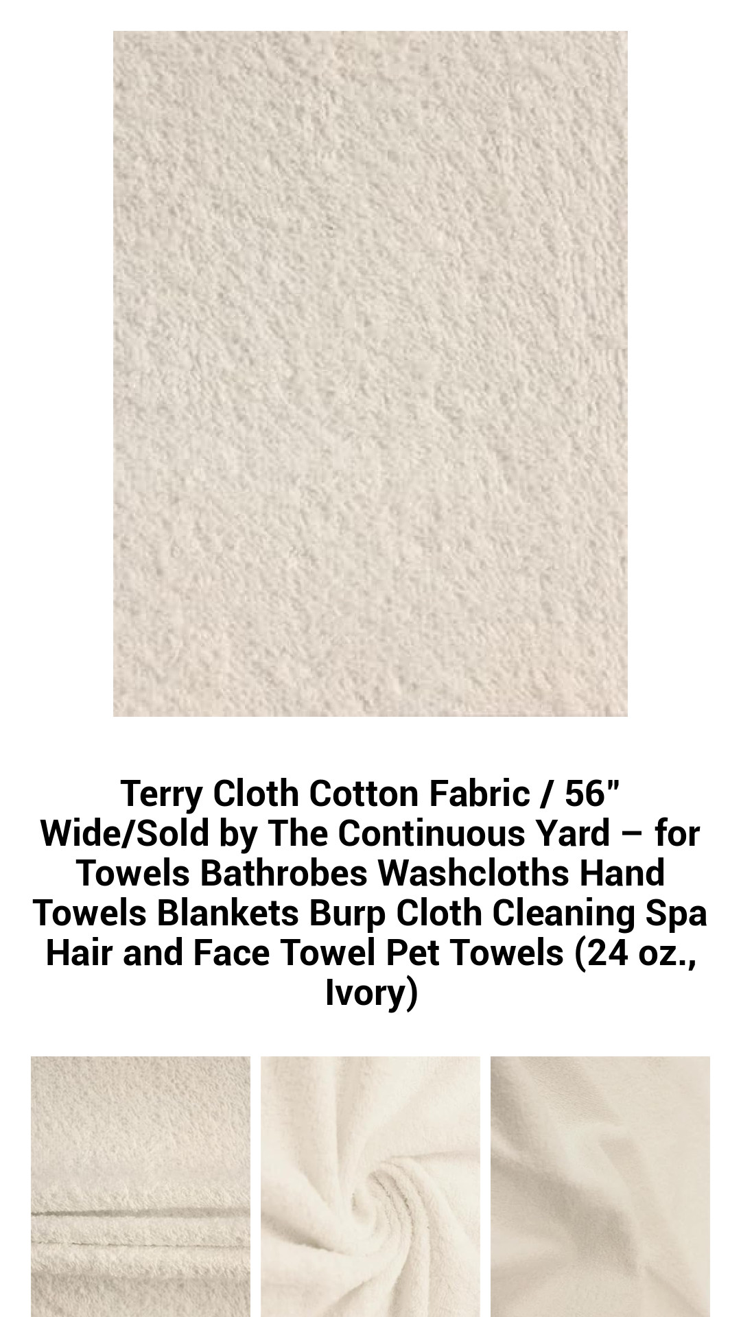 Luxurious 100% Cotton Terry Cloth Fabric – 56” Wide, Ideal for Towels, Bathrobes, Blankets & More – Soft and Absorbent (Ivory, 24 oz.)