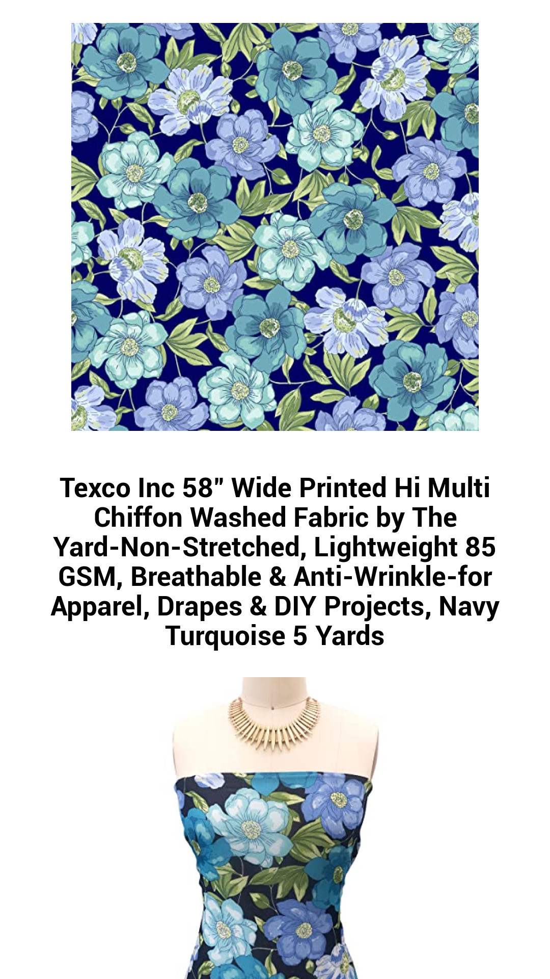 Luxurious 58" Wide Navy Turquoise Printed Chiffon Fabric - Lightweight, Breathable, Anti-Wrinkle Polyester for Fashion, Drapery, and DIY Projects